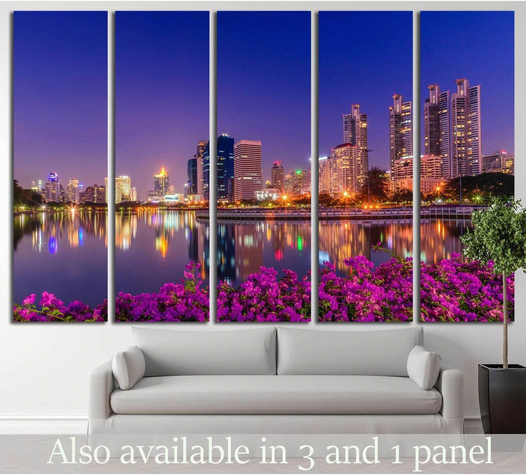 Bangkok skyline canvas print with violet dusk sky, waterfront reflections, and pink flowers above a sofa