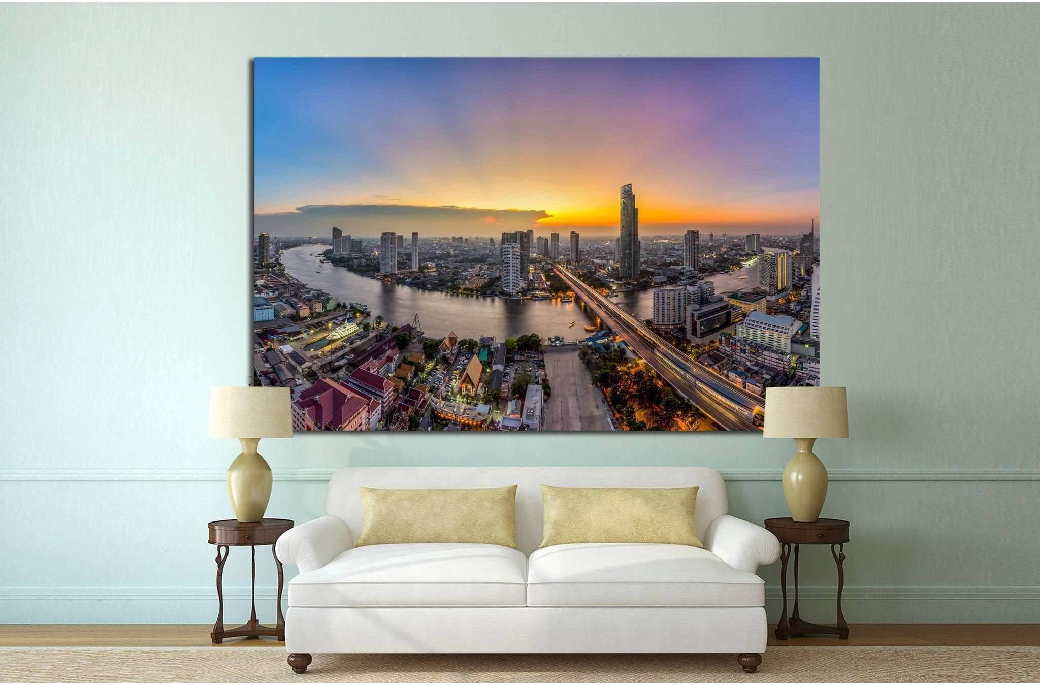 Bangkok Transportation at Dusk, Modern Business Building, Thailand №1701 Ready to Hang Canvas Print - Zellart Canvas Prints ALL_Products, s-1701
