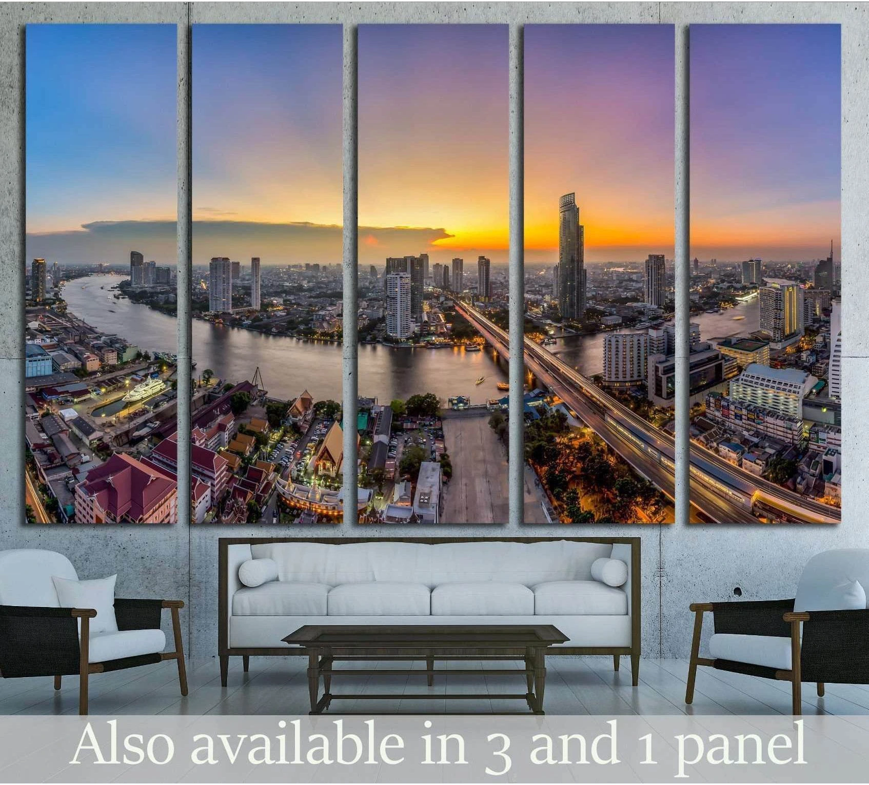 Bangkok skyline canvas print at dusk with river and highway lights in a modern living room