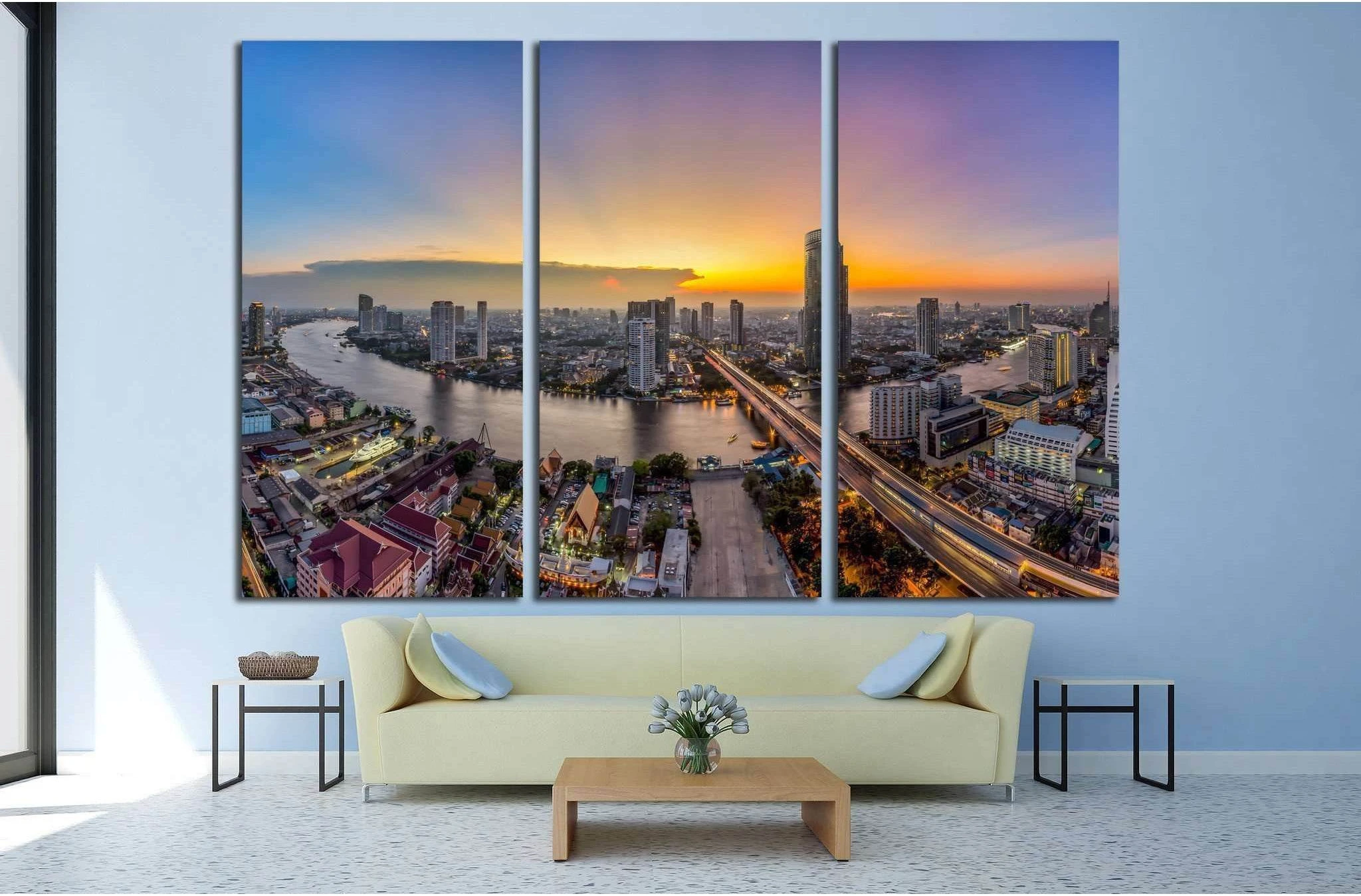 Bangkok Transportation at Dusk, Modern Business Building, Thailand №1701 Ready to Hang Canvas Print - Zellart Canvas Prints ALL_Products, s-1701
