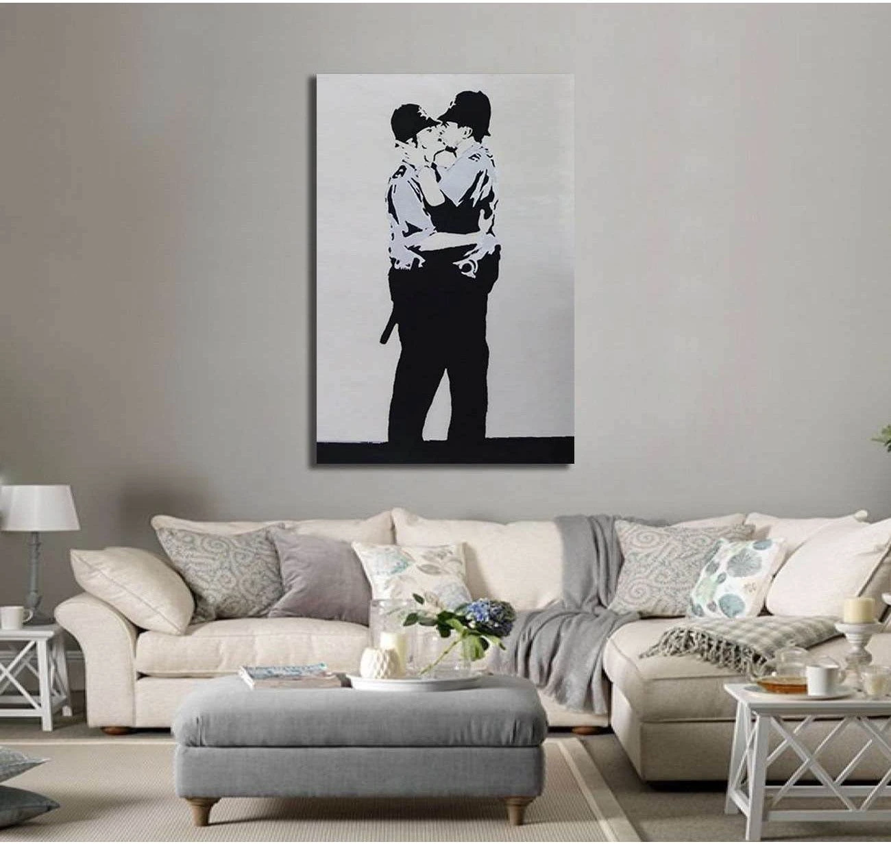 Banksy two policemen kissing - Ready to Hang Canvas Print - Zellart Canvas Prints 000Negative, 6030, ALL_Products