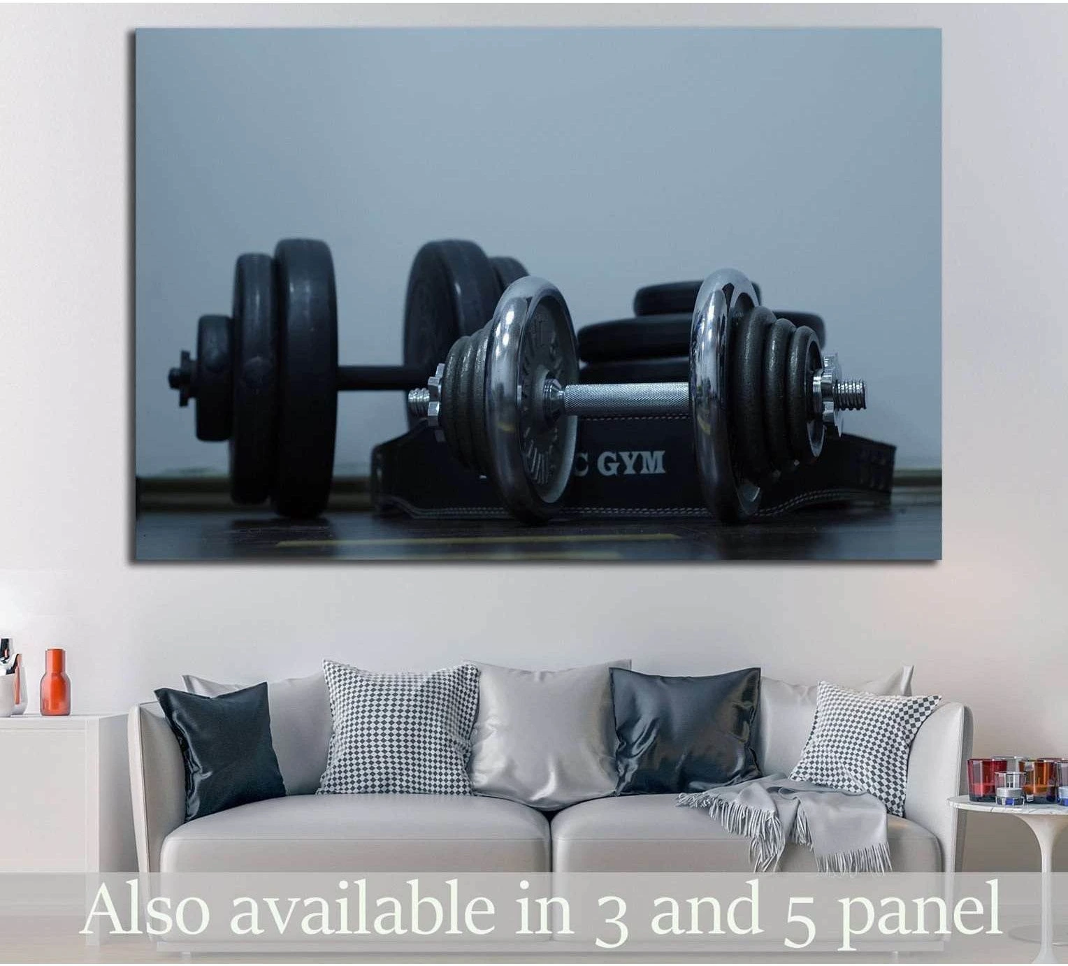Barbells canvas print featuring chrome dumbbells and weight plates above a sofa in a modern room