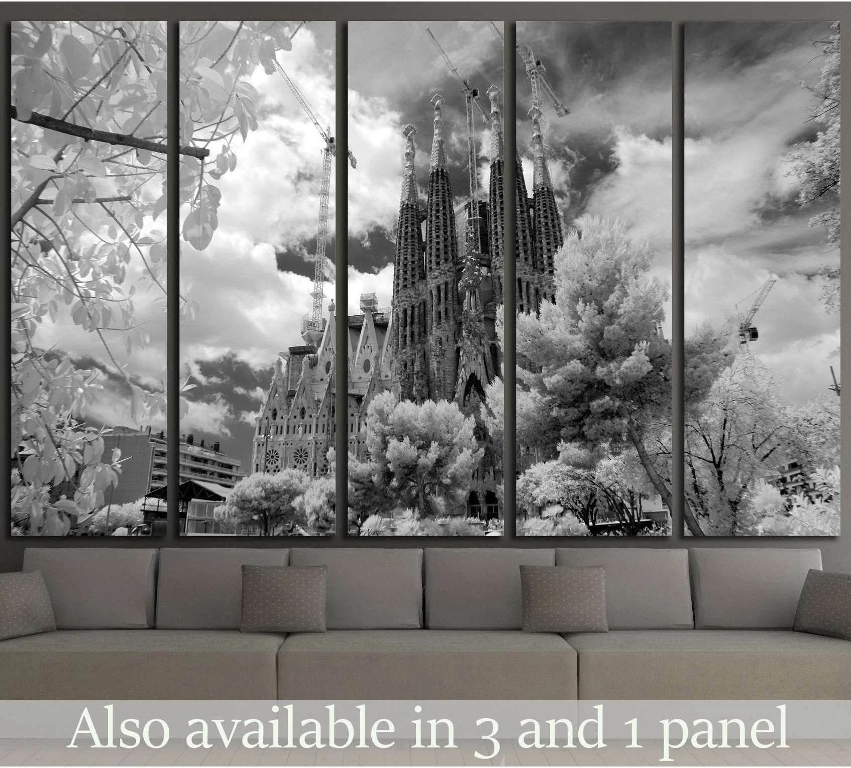 Black and white Sagrada Familia Barcelona canvas print in a five-panel living room mockup