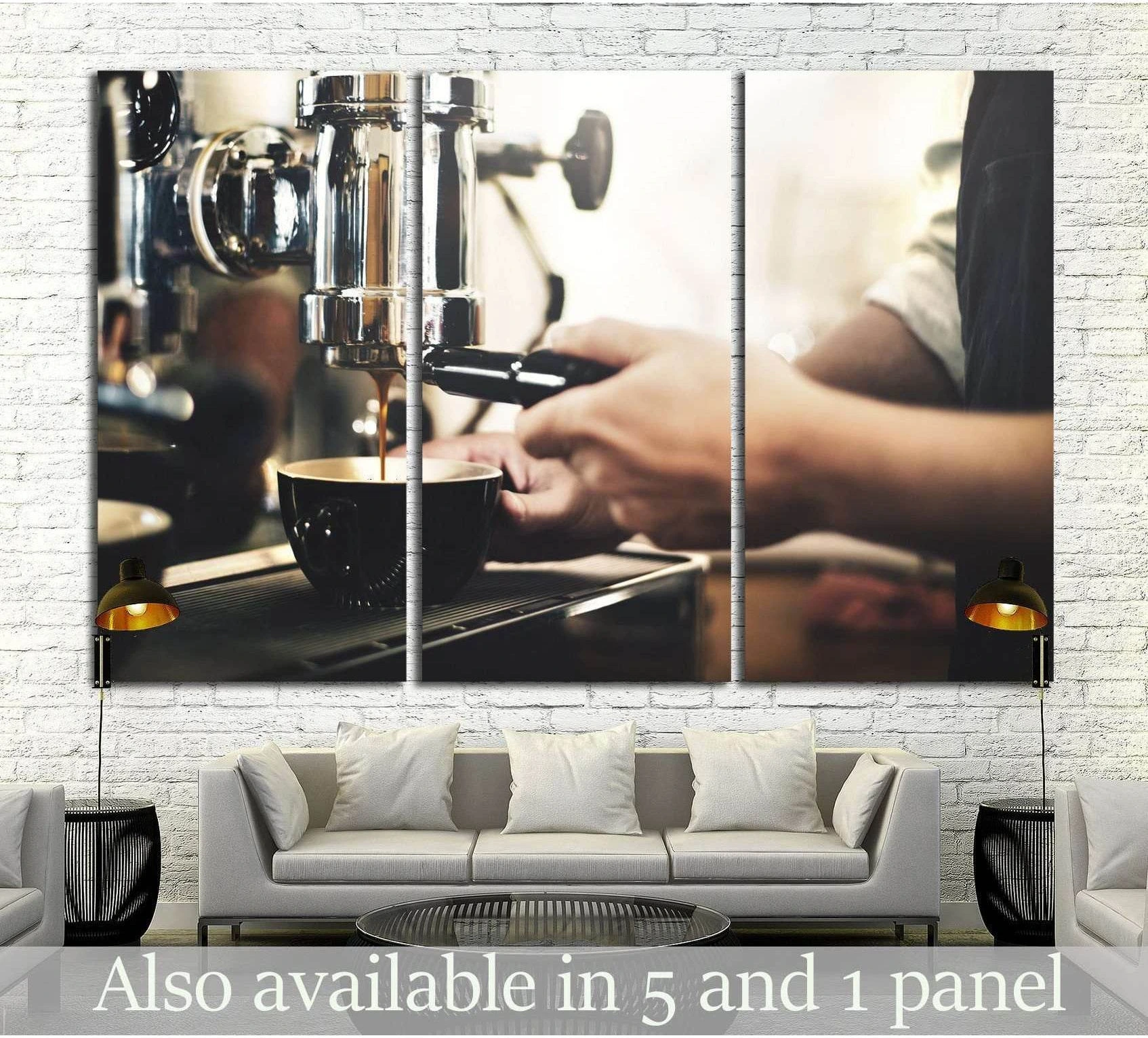 Barista making espresso canvas print above sofa with coffee machine and black cup in warm cafe tones