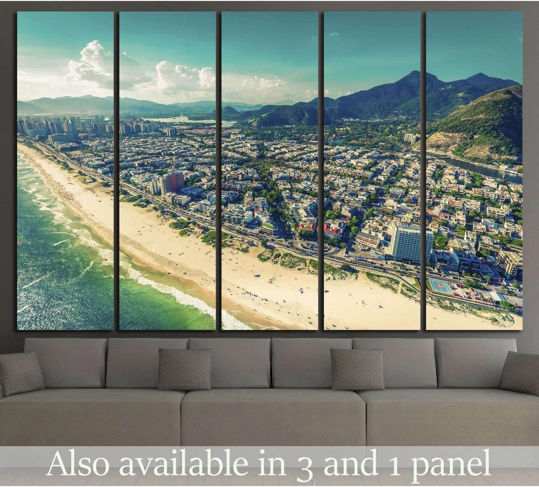 Aerial Barra da Tijuca beach canvas print above sofa with Rio coastline and mountains