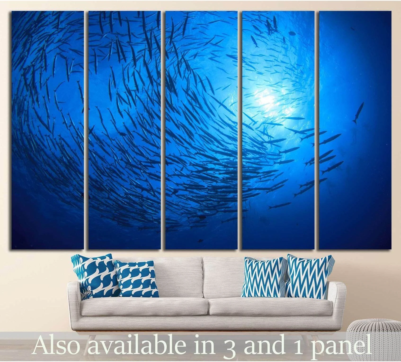 barracuda fish and scuba divers showing blue ocean wall art with water and coastal depth.