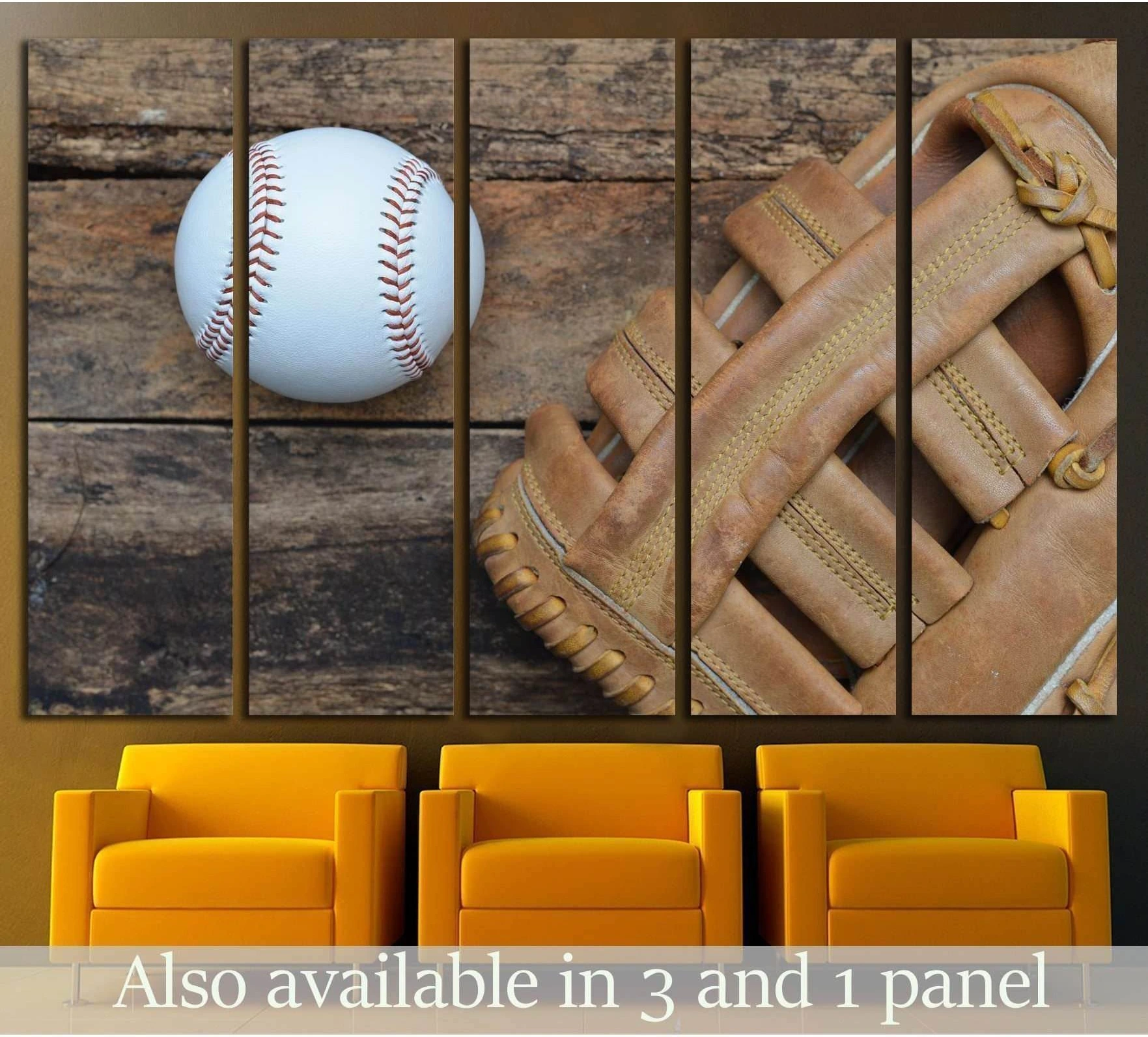 Baseball glove and ball canvas print on weathered wood, displayed as multi-panel wall art