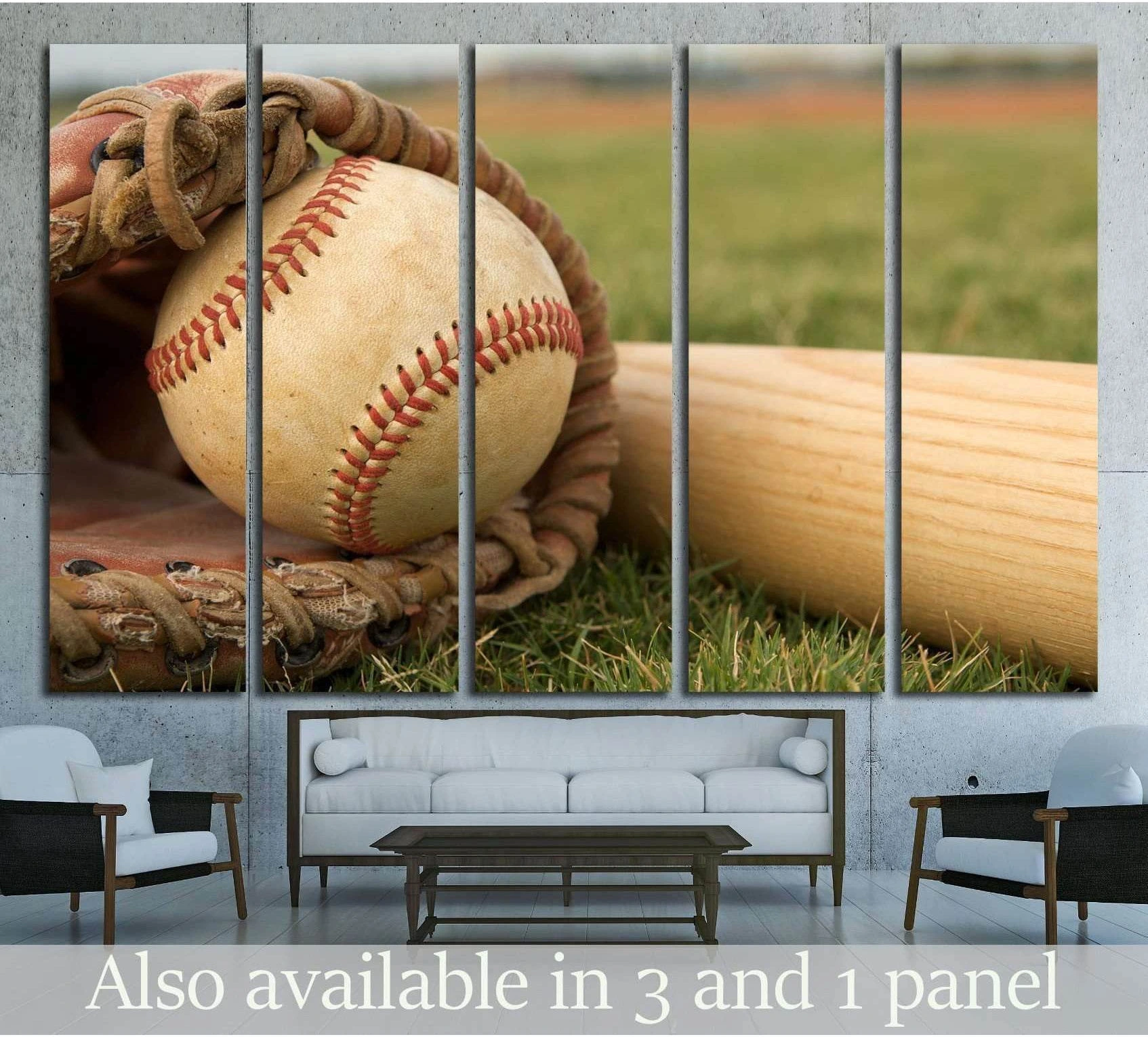 Baseball glove canvas print with bat and ball on grass, displayed above a sofa in a modern room