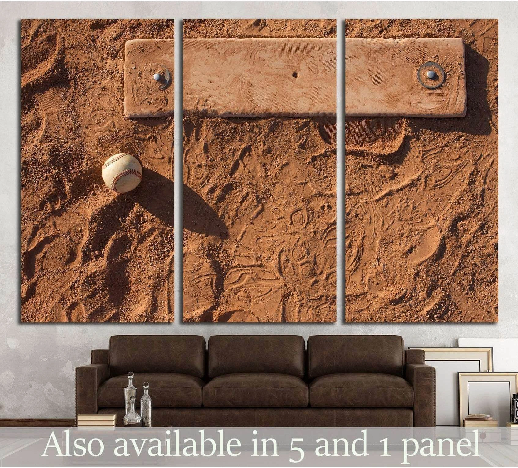 Top-down baseball pitcher's mound canvas print with infield dirt and ball above a sofa