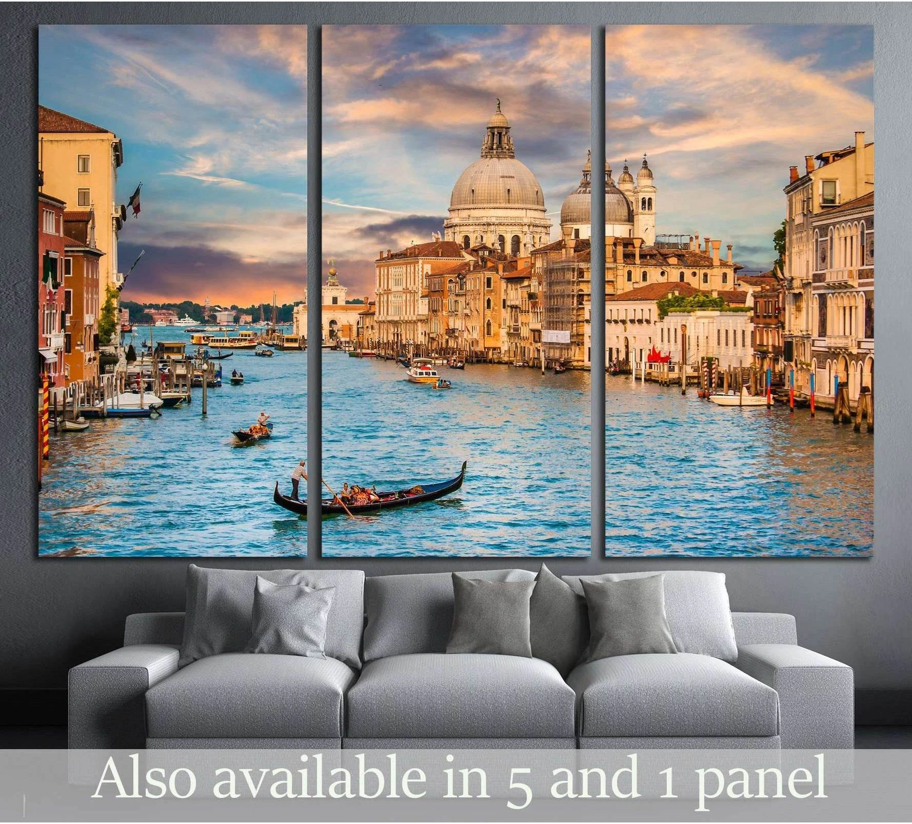 Venice sunset canvas print with Santa Maria della Salute above the Grand Canal, shown as triptych wall art above a sofa
