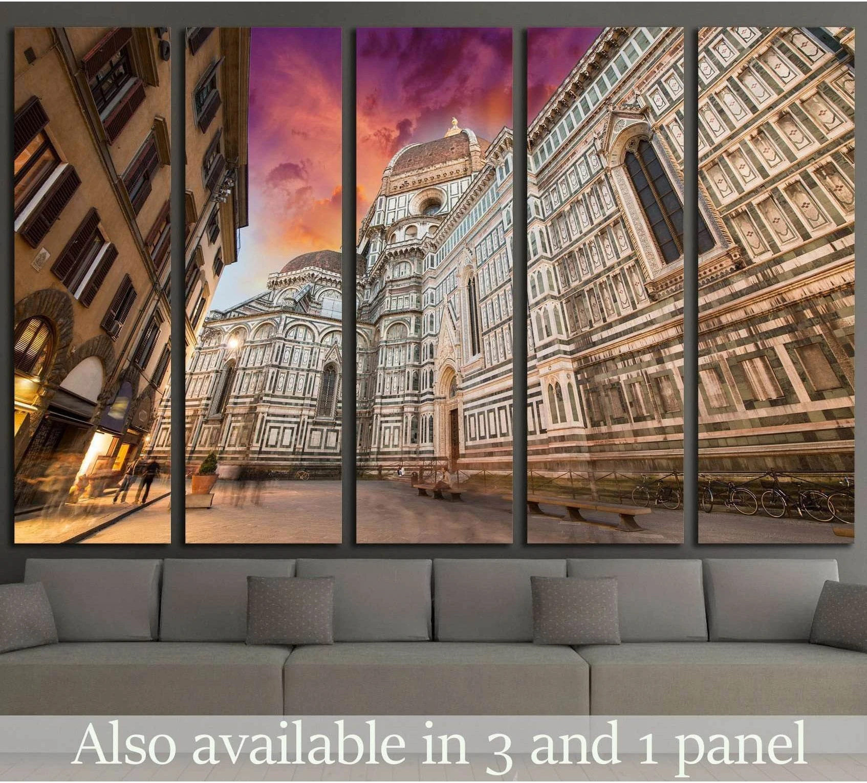 Florence Duomo canvas print of Santa Maria del Fiore facade at sunset above a sofa