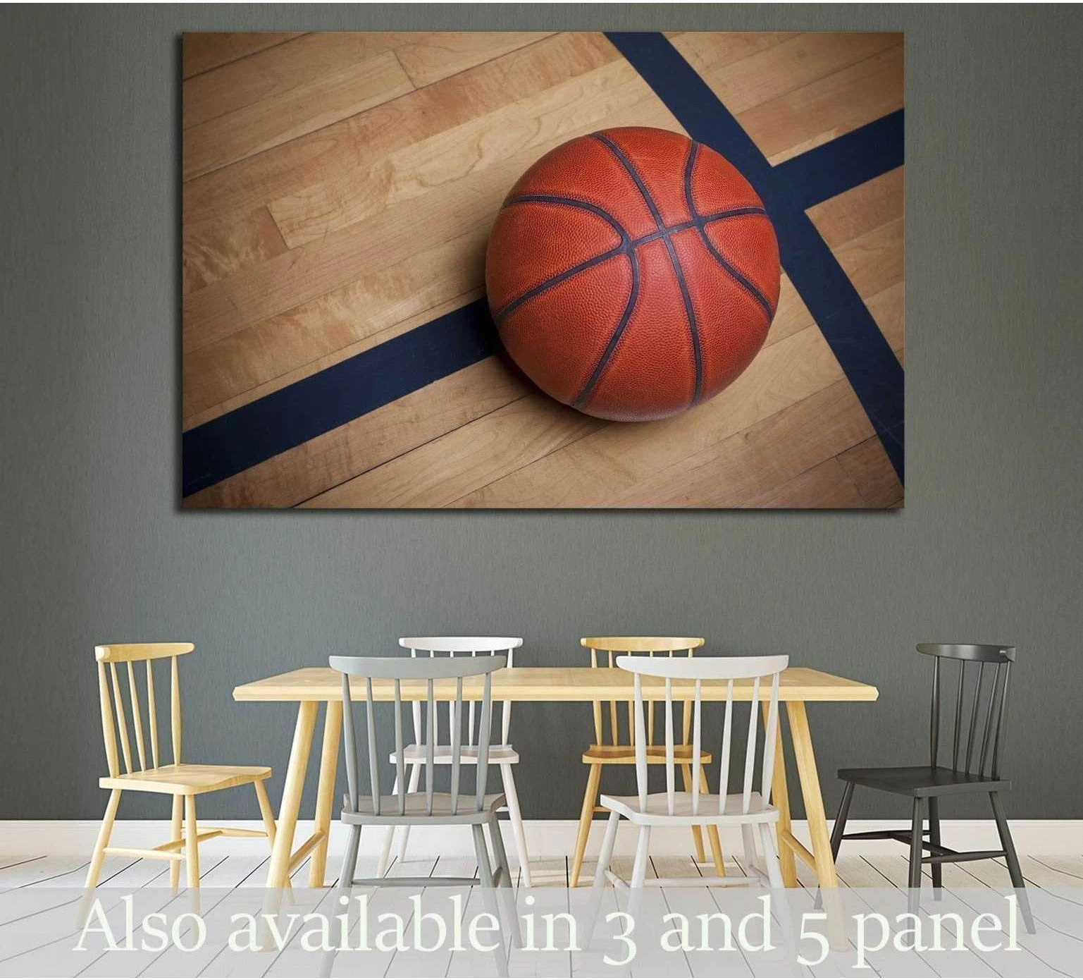 Basketball canvas print with close-up ball on a hardwood court, displayed above a table in a modern room