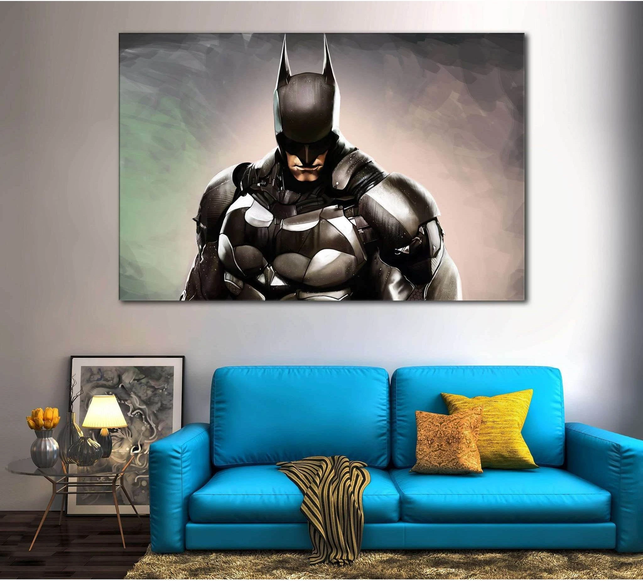 Batman armored portrait canvas print above a blue sofa in a modern game room