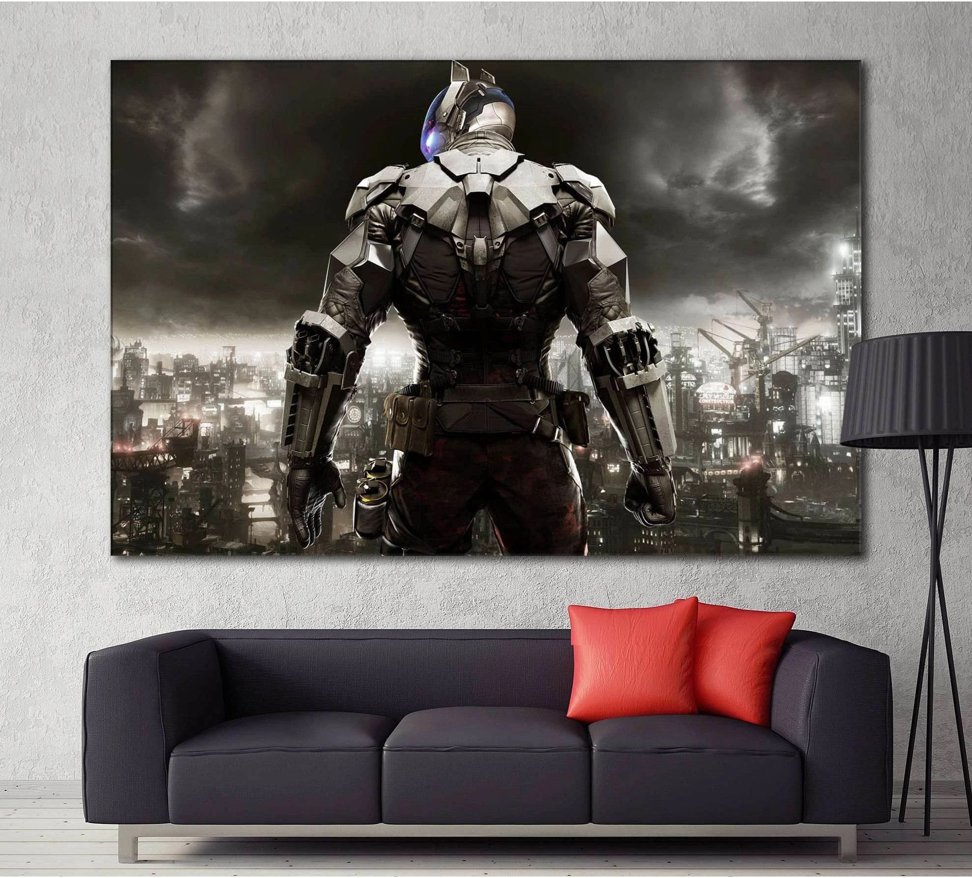Armored Batman canvas print over a stormy Gotham skyline, displayed above a sofa in a modern room
