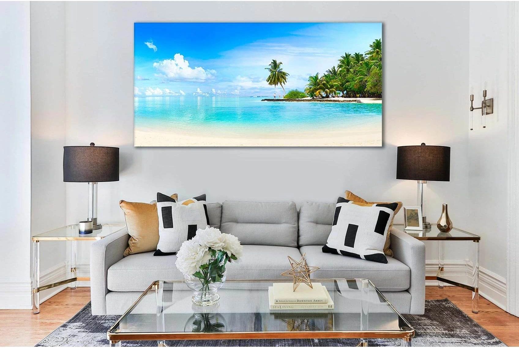 Turquoise Ocean Beach Scene Canvas Print with Palm Shoreline showing sea water, shoreline and horizon depth.