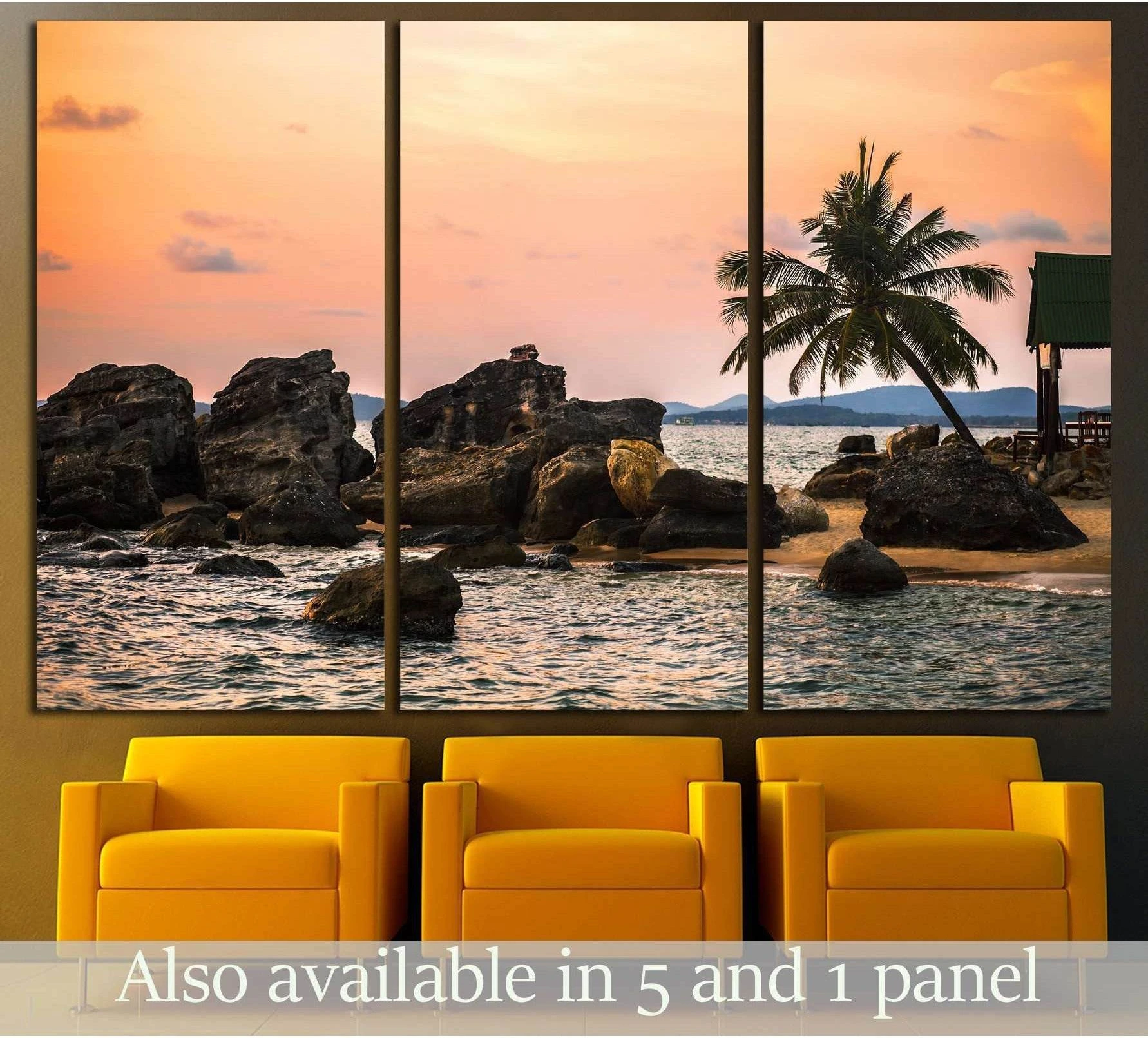 Phu Quoc beach sunset canvas print with palm tree and rocky shore above yellow chairs