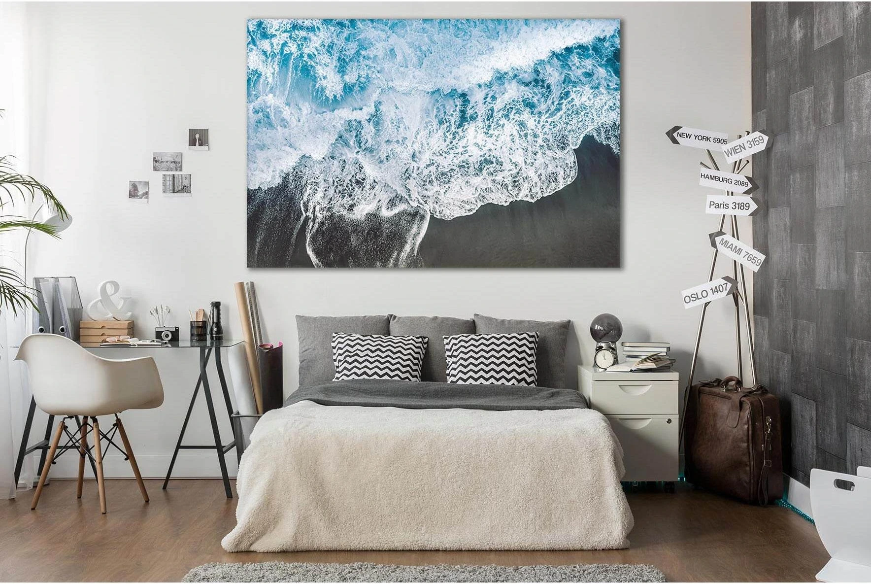 Blue Ocean Waves Canvas Wall Art with Bright Foam Detail showing ocean water, wave movement and surf.