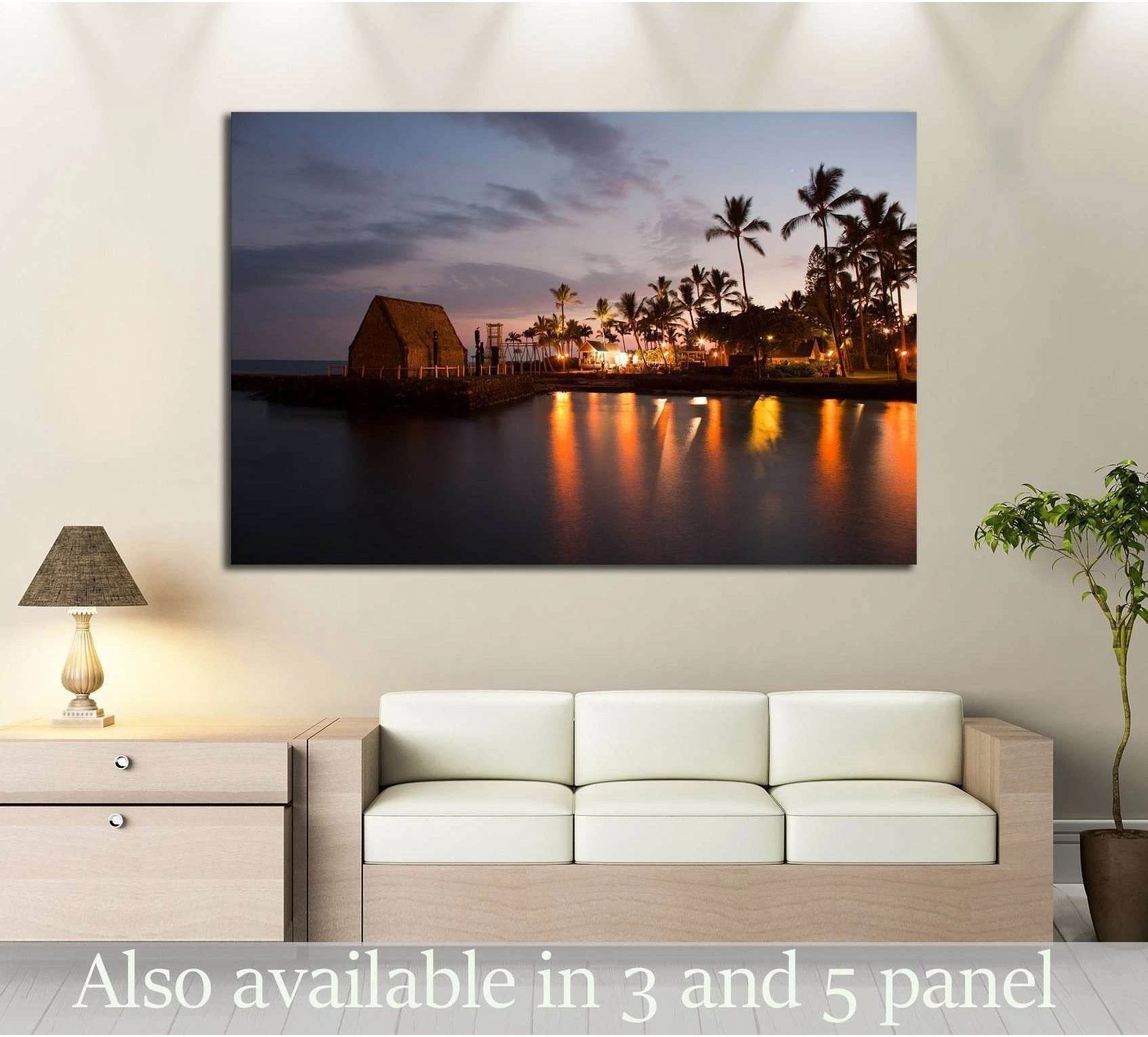 Hawaii luau canvas print with palm trees, tiki lights, and sunset reflections above a sofa