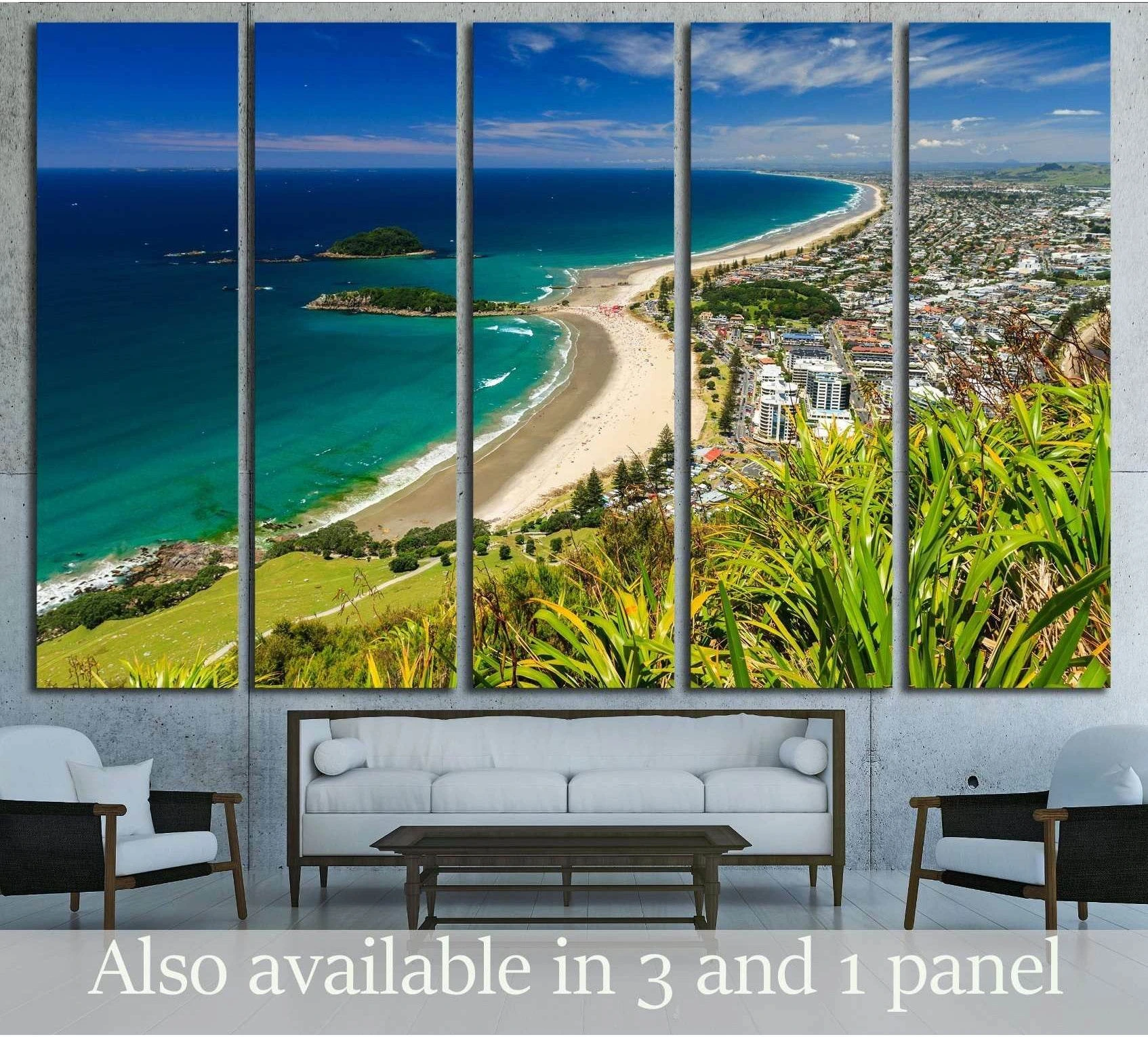 Beach with Blue Sky Landscape, Tauranga City, North Island, New Zealand showing sea water, shoreline and horizon depth.