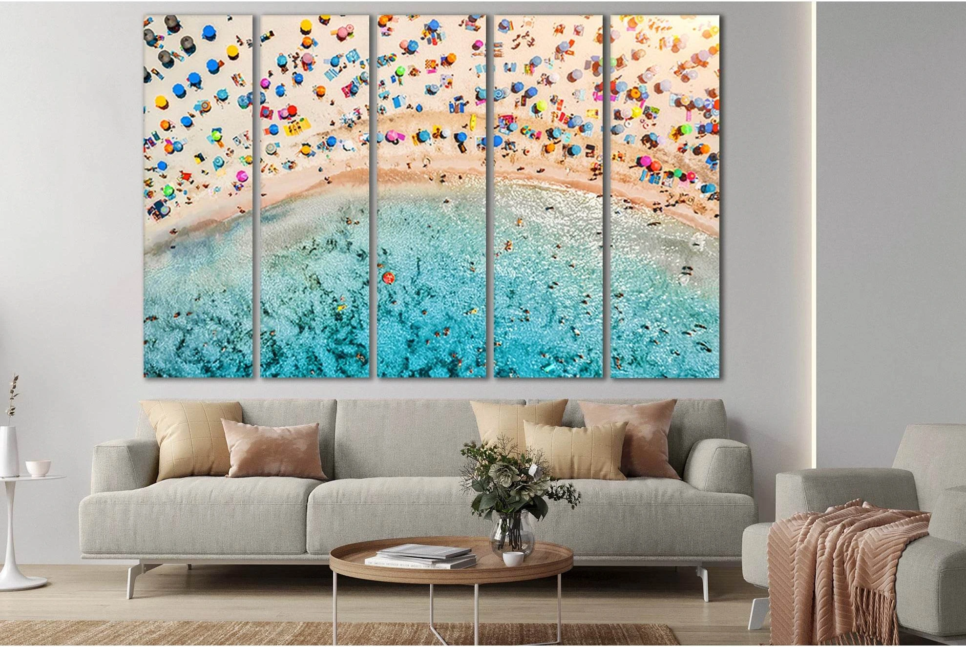 Beach With Colorful Umbrellas №SL145 Ready to Hang Canvas Print - Zellart Canvas Prints 0new, ALL_Products, Beach Ocean & Waves