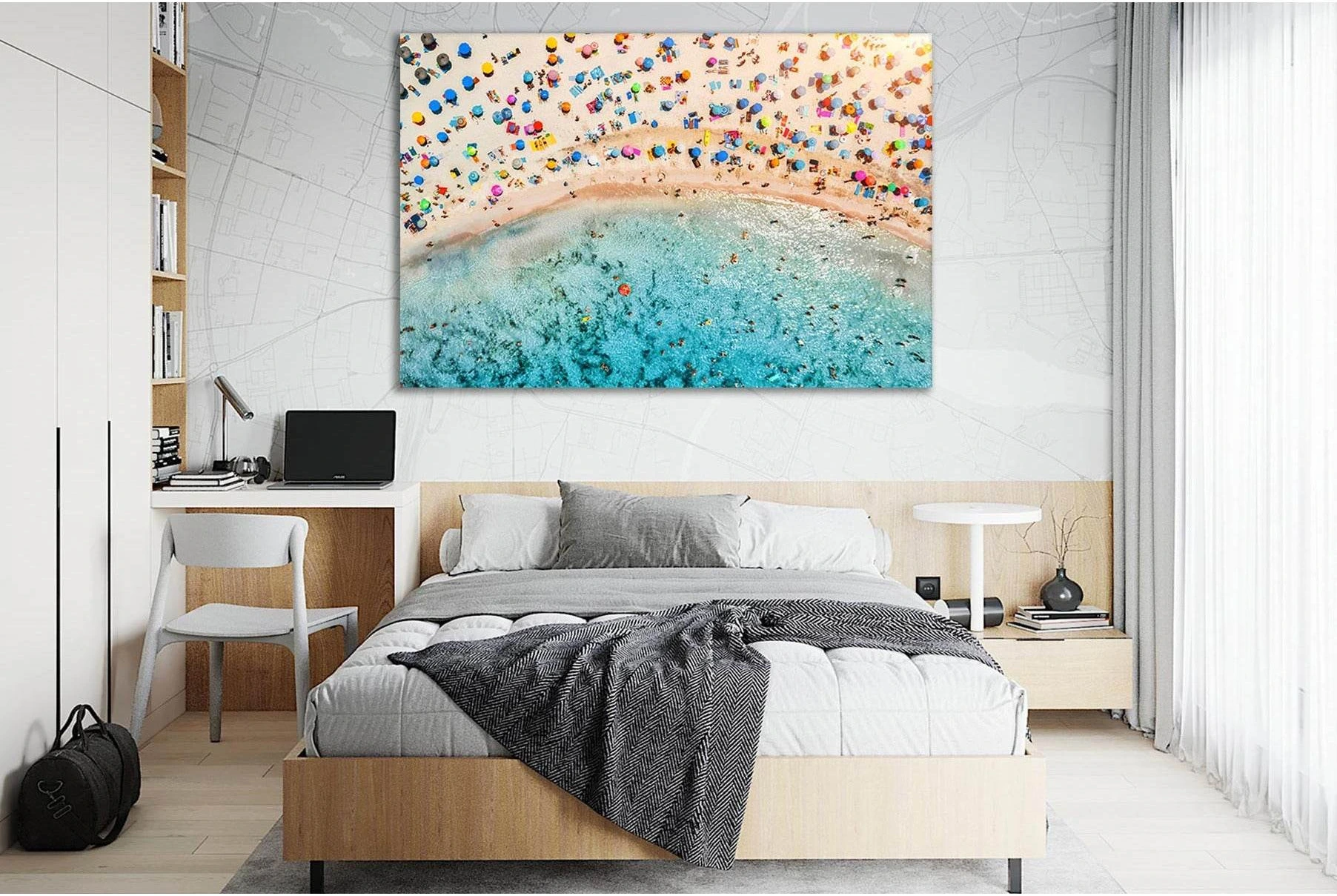 Turquoise Beach With Colourful Umbrellas Canvas Print showing sea water, shoreline and horizon depth.