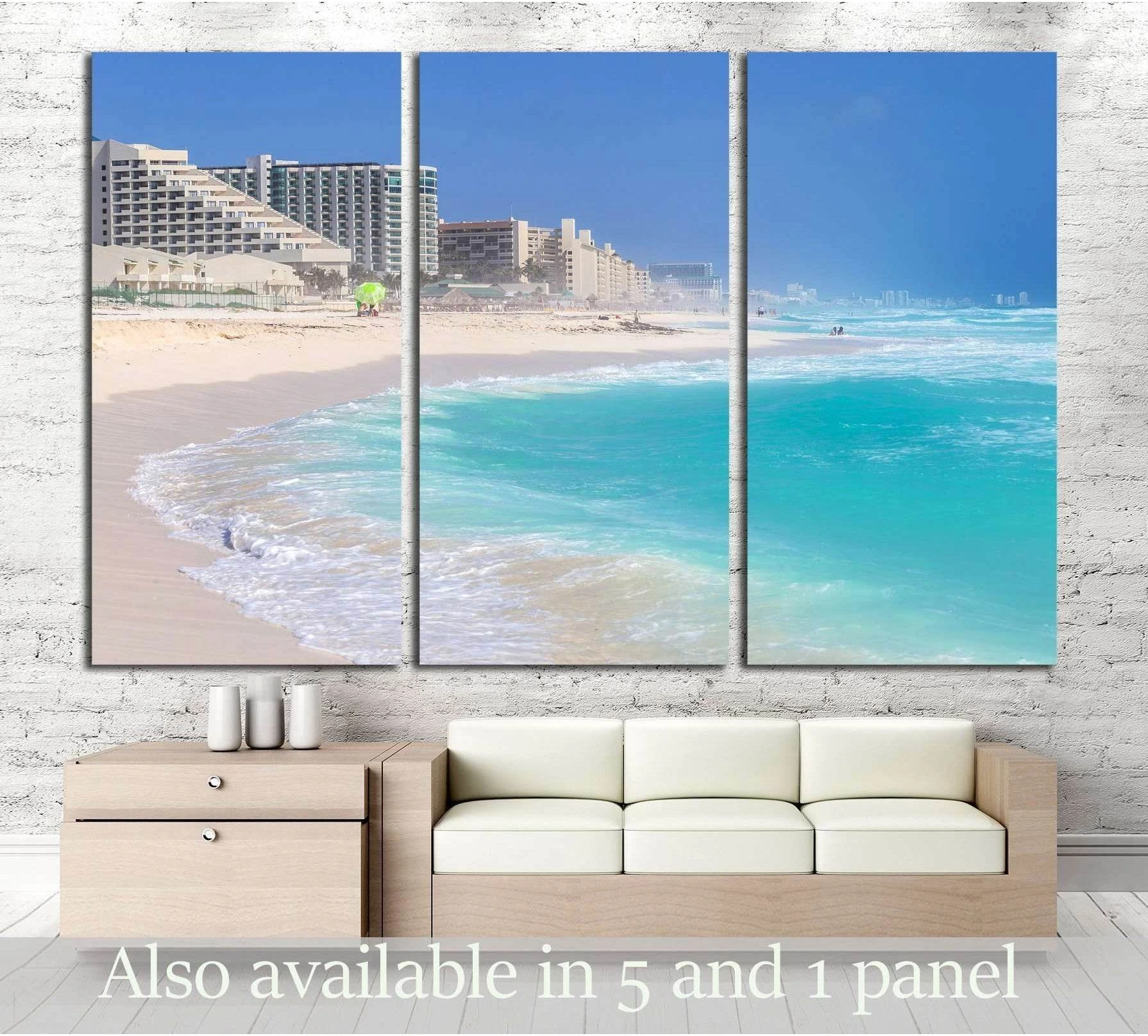 Beautiful beach in Cancun, Zona Hoteliera. Caribbean coast, Yucatan, Mexico showing sea water, shoreline and horizon depth.