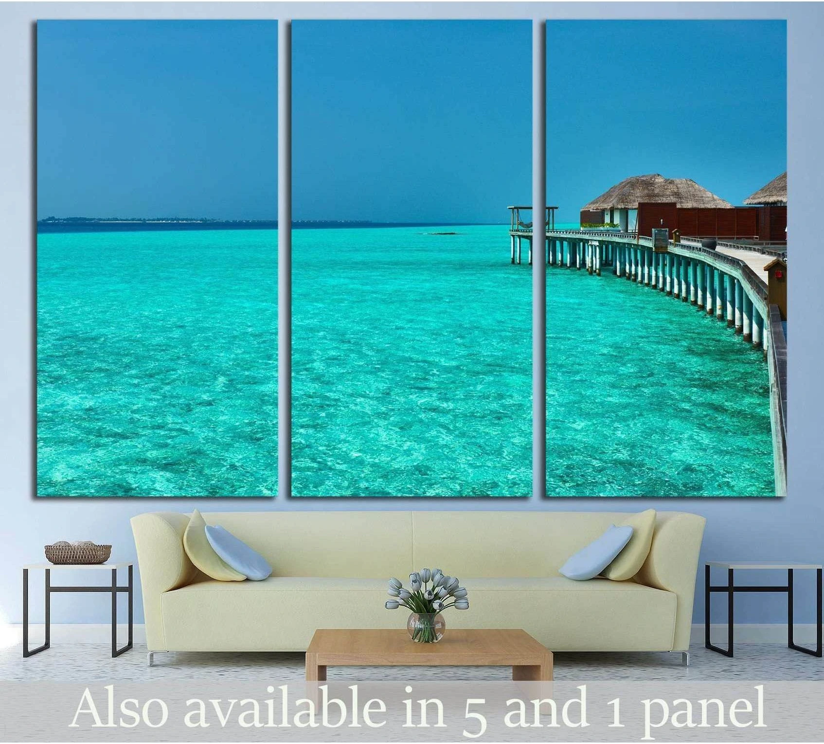 Beautiful beach with water bungalows at Maldives showing sea water, shoreline and horizon depth.