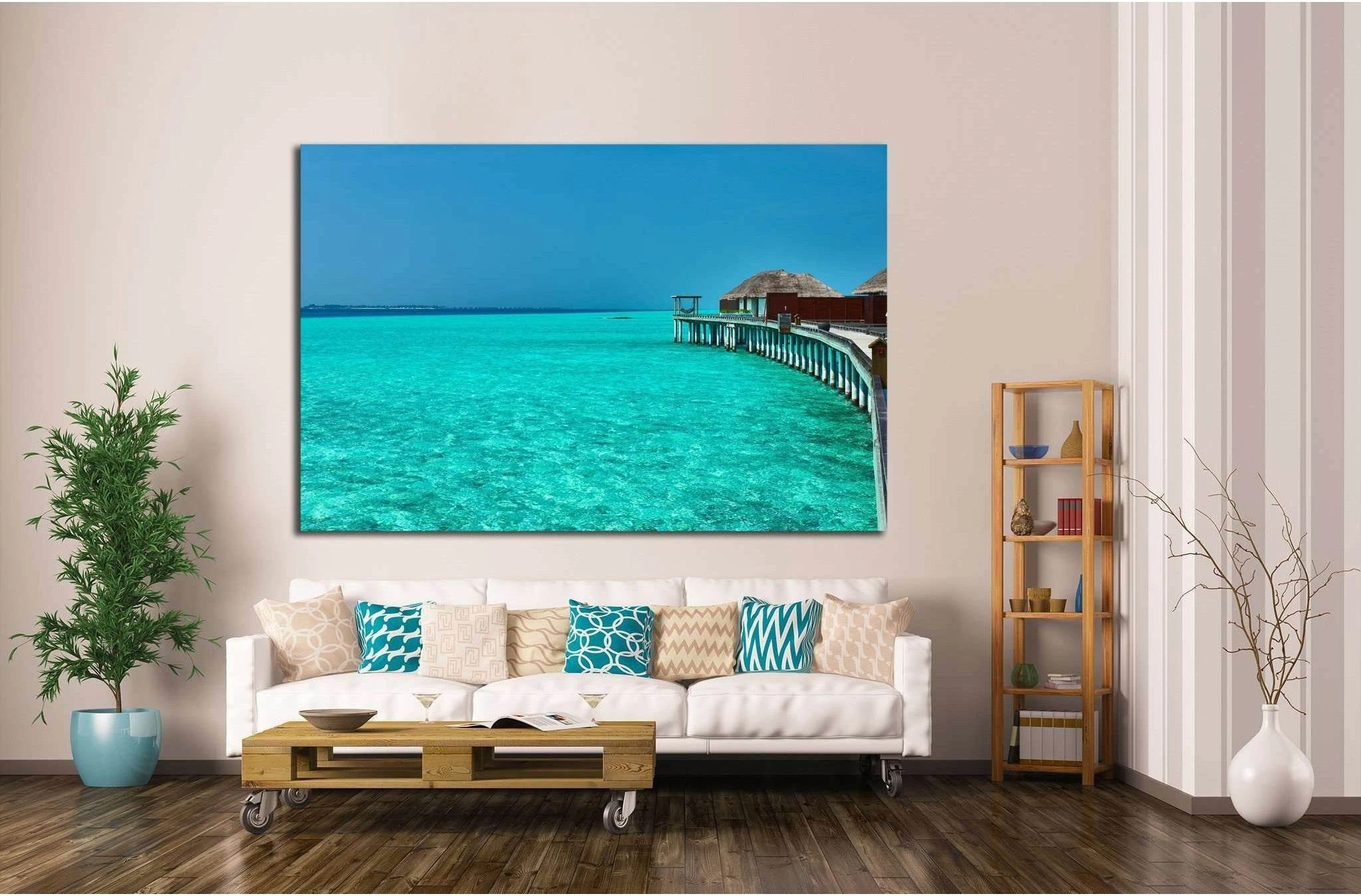 Beautiful beach with water bungalows at Maldives №1817 Ready to Hang Canvas Print - Zellart Canvas Prints ALL_Products, s-1817