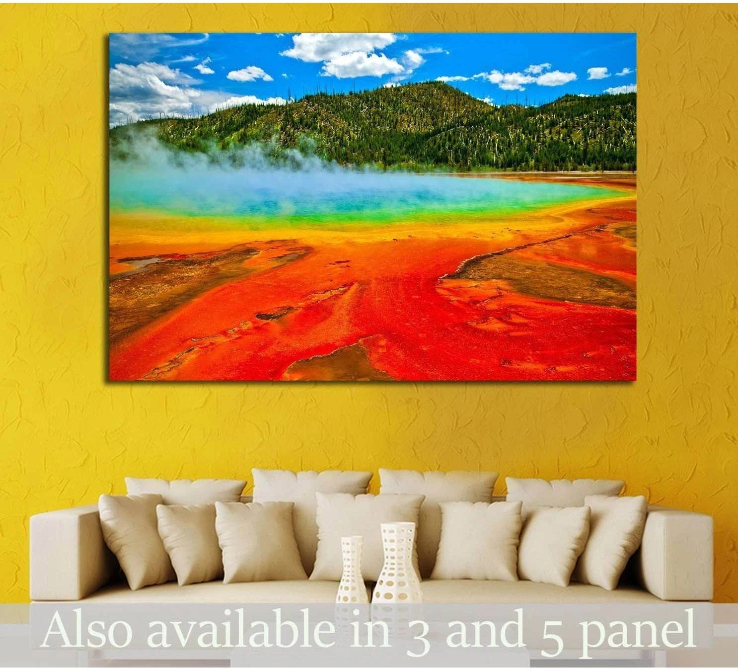 Grand Prismatic Spring canvas print with turquoise geothermal pool and orange mineral terraces above a sofa