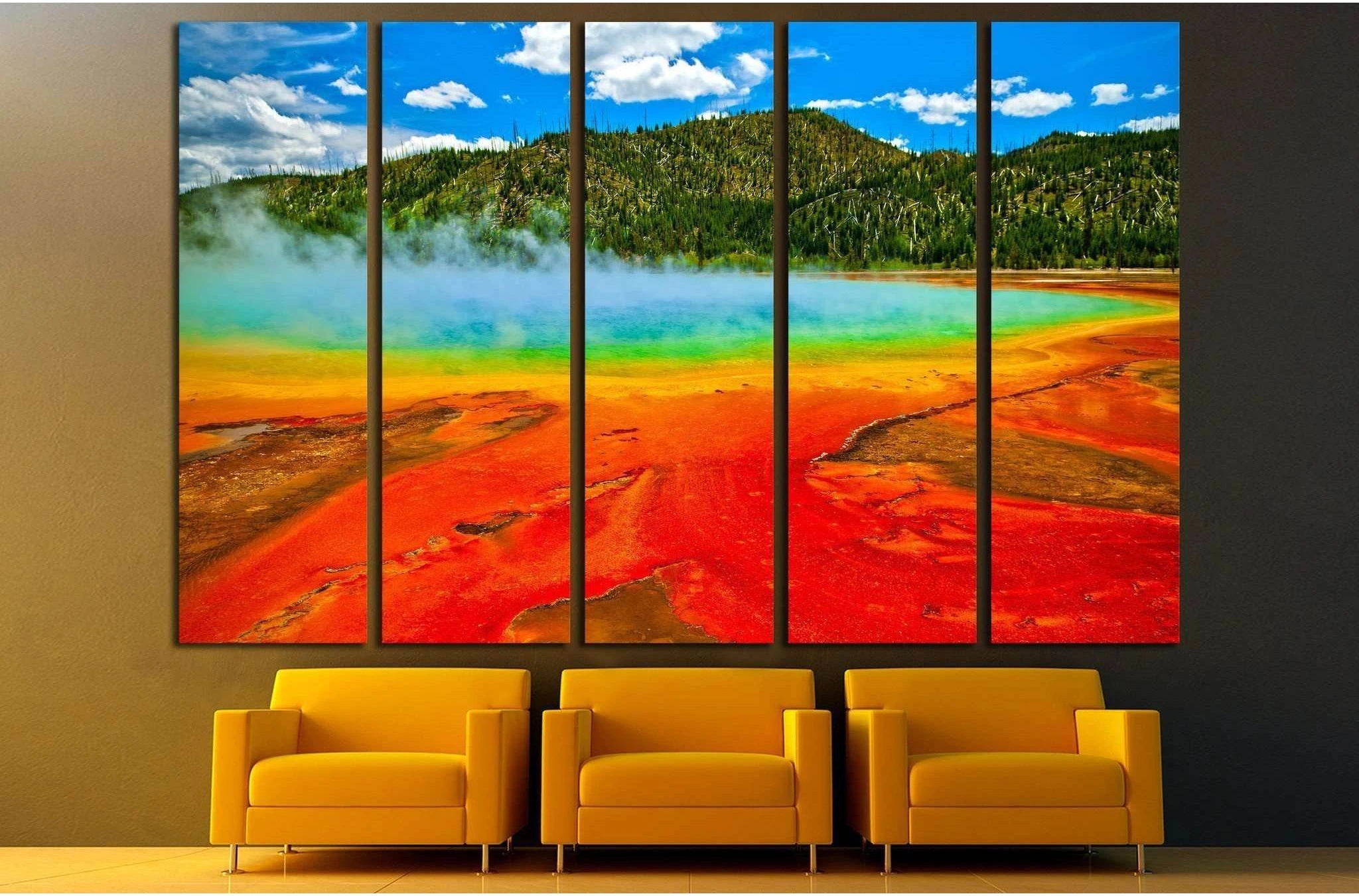 Beautiful cerulean geyser surrounded by colorful layers of bacteria, against cloudy blue sky №1960 Ready to Hang Canvas Print - Zellart Canvas Prints ALL_Products, s-1960