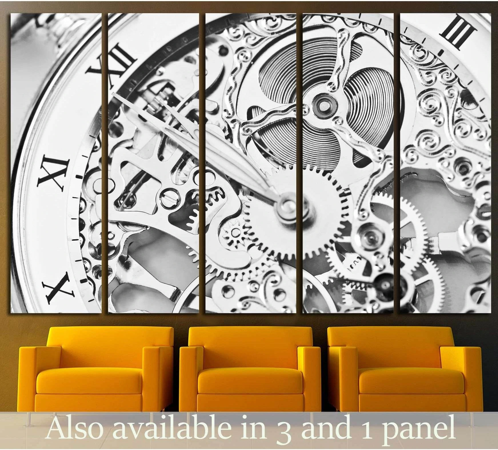 Black and white clockwork gears canvas print in a five-panel layout above mustard chairs