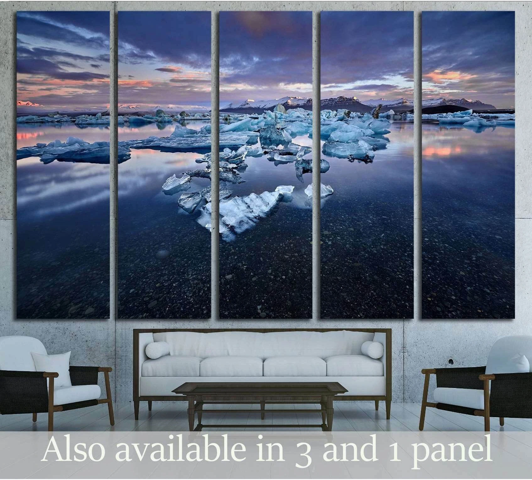 Beautiful cold landscape picture of icelandic glacier lagoon bay, Iceland selected as painterly seascape prints for seascape wall art.