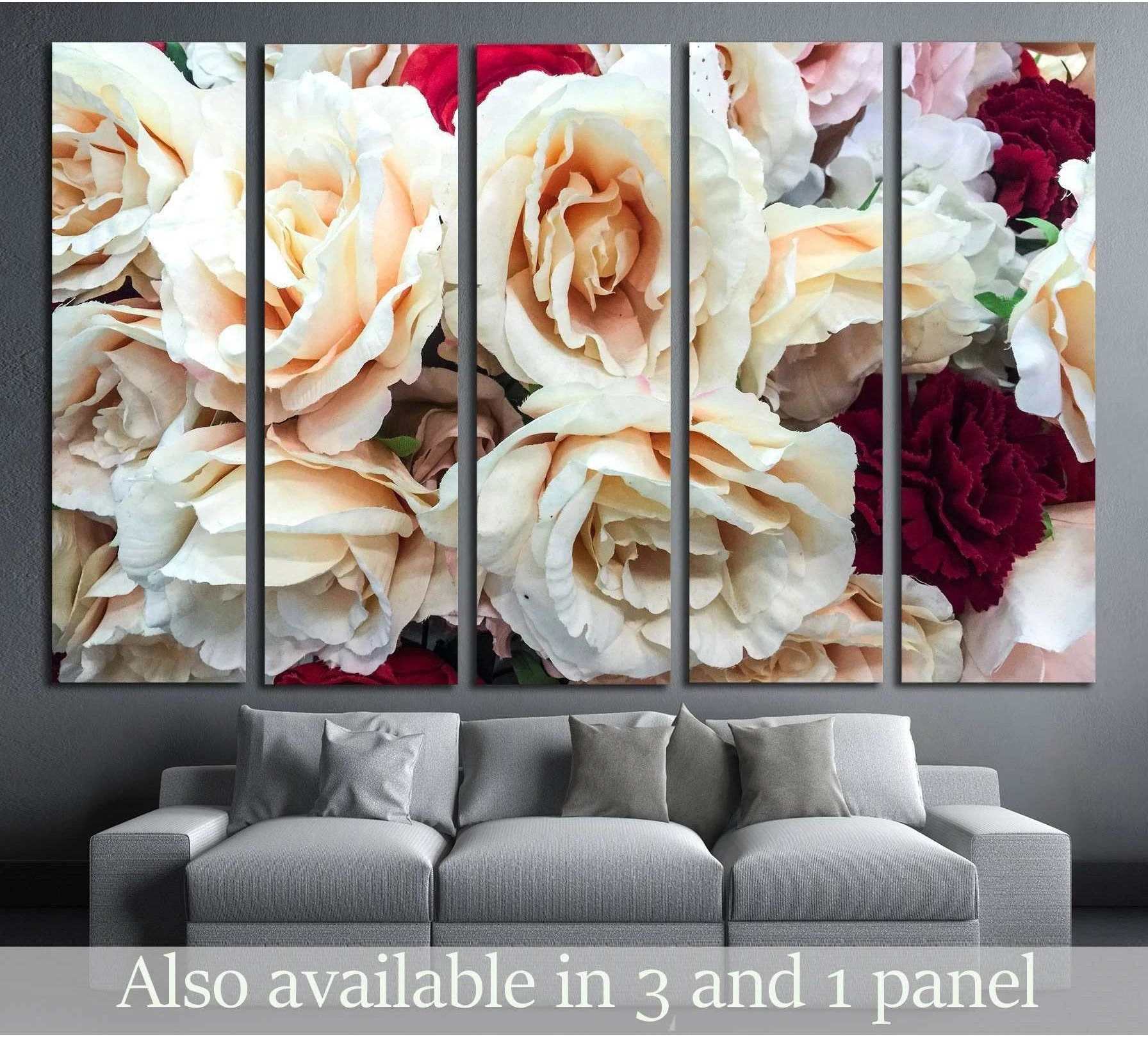 Peach and cream rose canvas print in 5-panel layout above a sofa in a modern living room