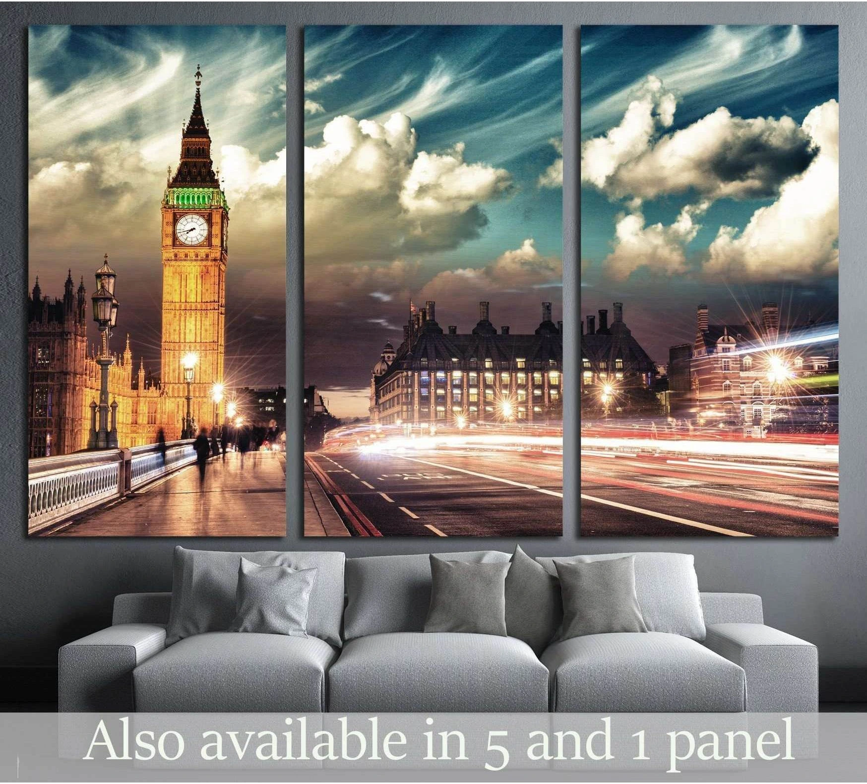Big Ben London triptych canvas print above a sofa with Westminster Bridge sunset and city light trails