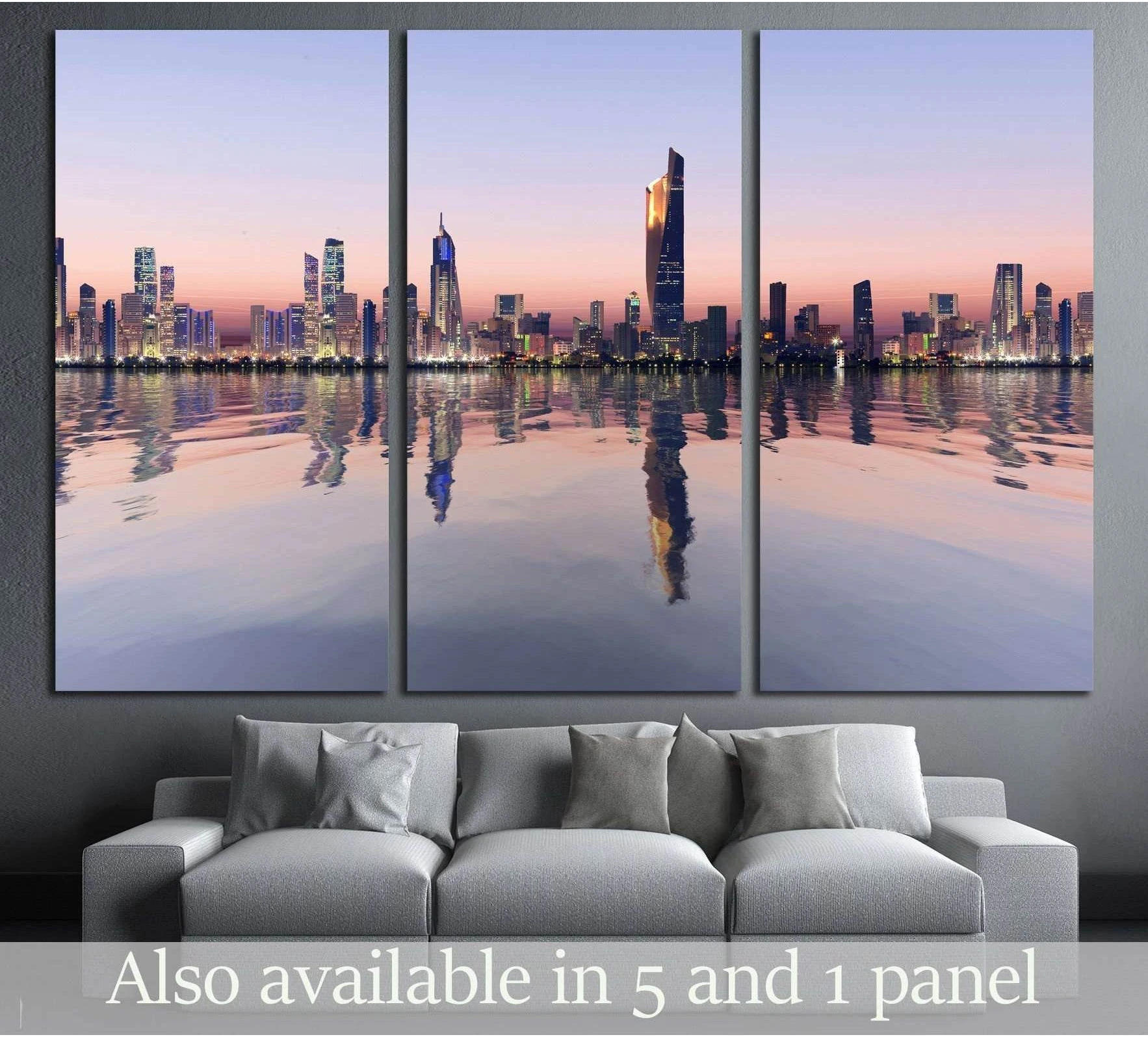 Kuwait City skyline triptych canvas print with pastel dawn sky and mirrored water reflection