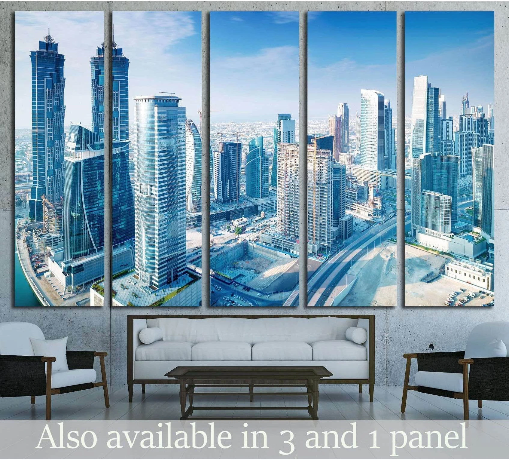 Dubai skyline canvas print in a five-panel living room mockup with aerial skyscraper view in cool blue tones