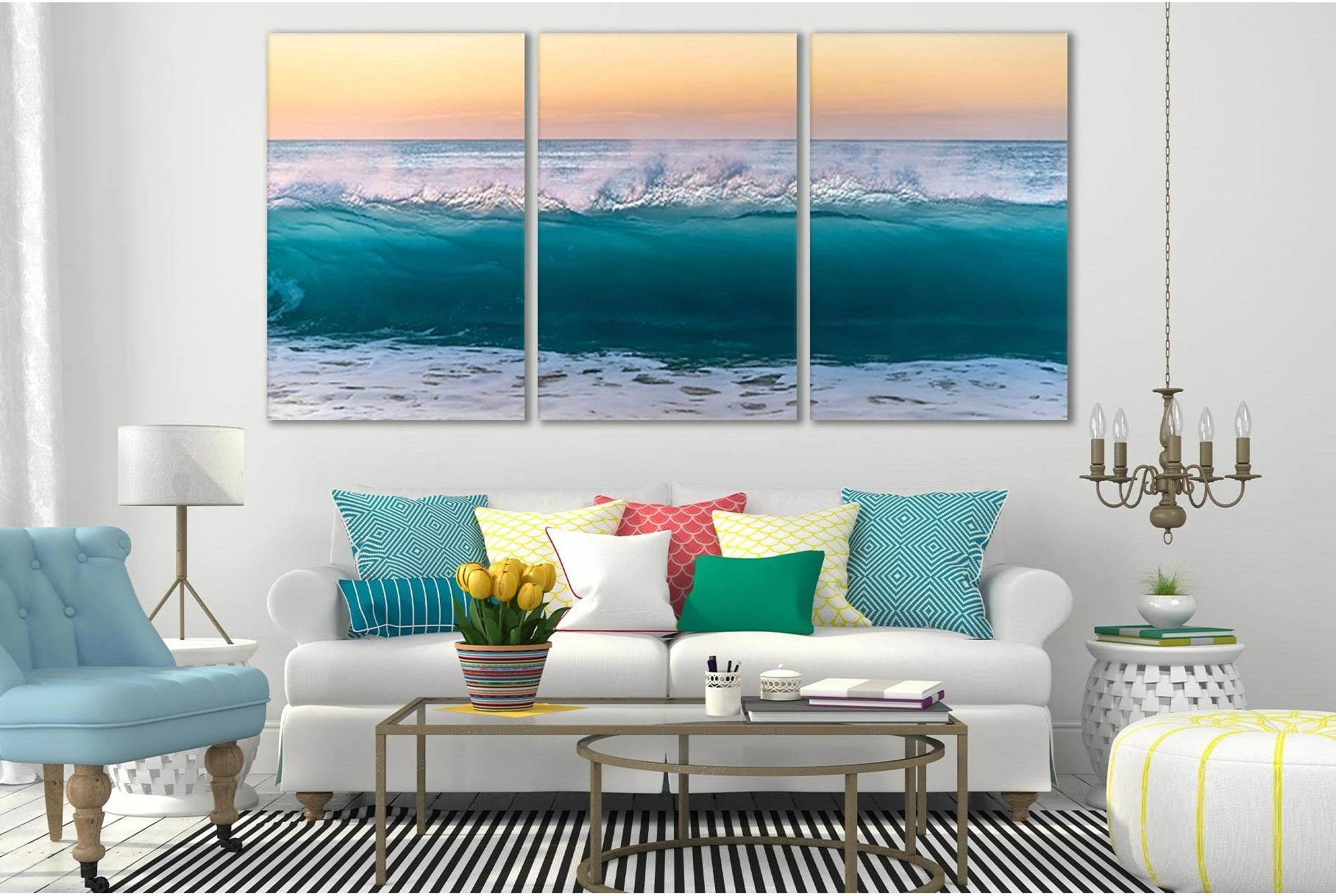 Dusk Ocean Wave Canvas Print, Three-Panel Wall Art showing ocean water, wave movement and surf.