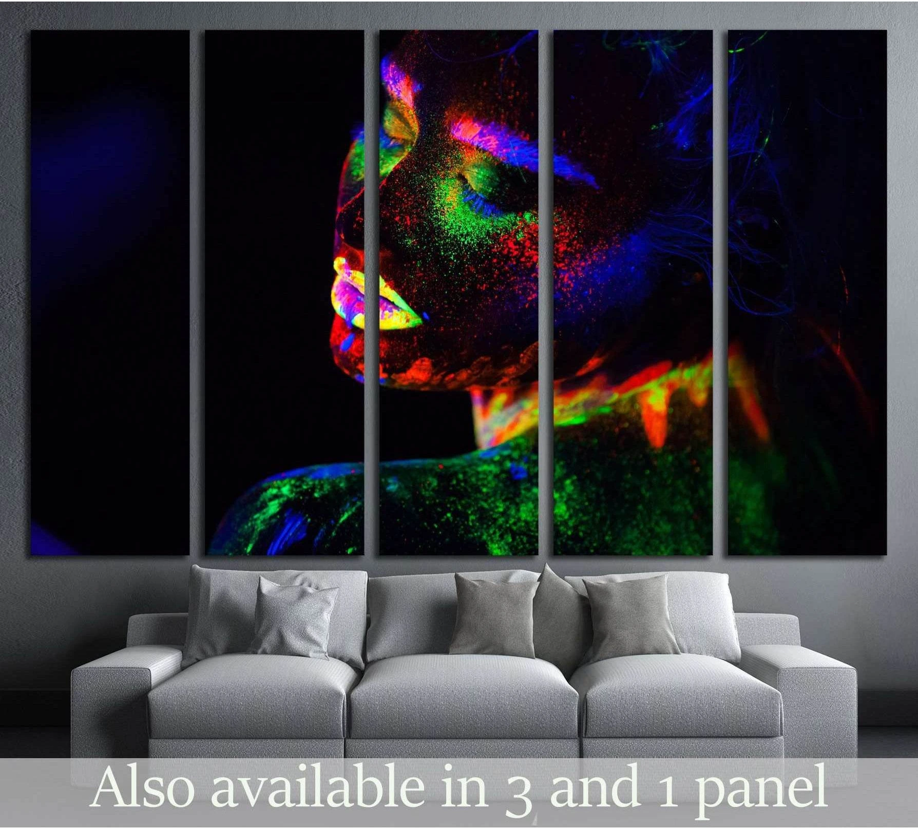 Neon woman canvas print in five-panel layout above sofa with UV glow portrait in pink, blue, and green