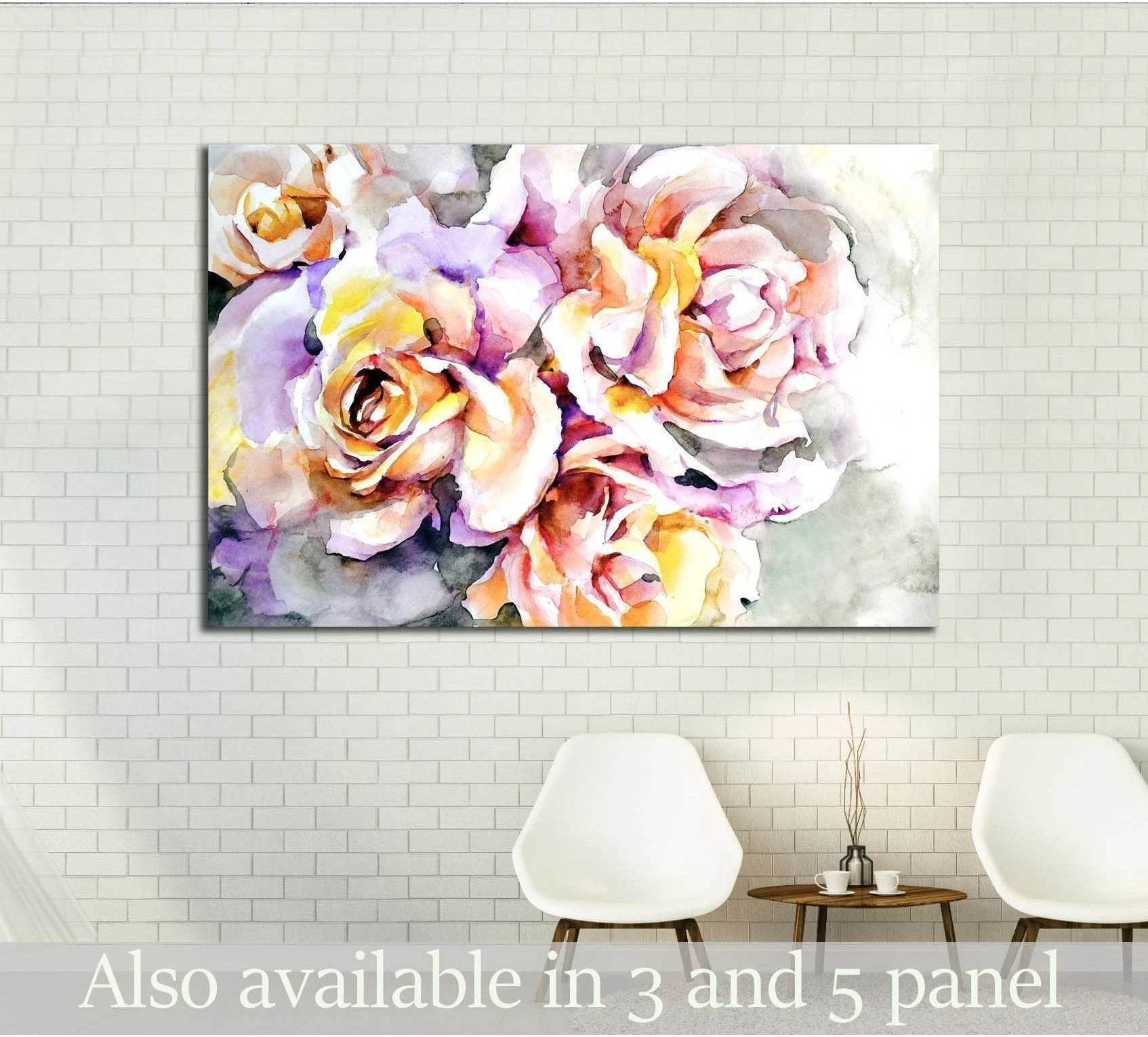 Watercolor rose canvas print with yellow and pink blooms on a soft gray-blue background