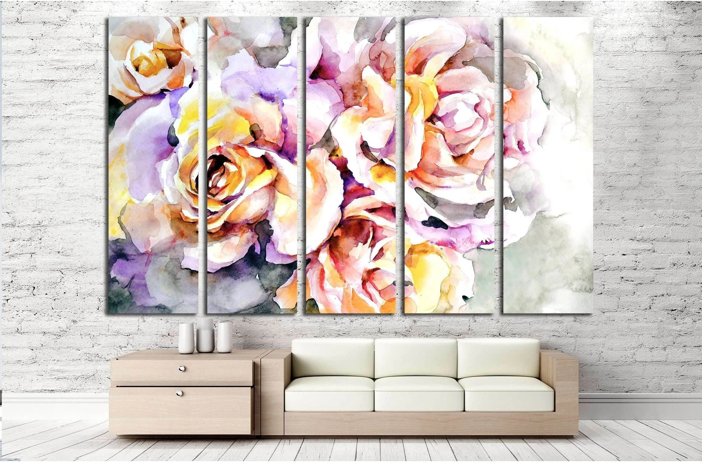 Beautiful flowers - Delicate yellow and pink roses on gray and blue background №2561 Ready to Hang Canvas Print - Zellart Canvas Prints ALL_Products, s-2561