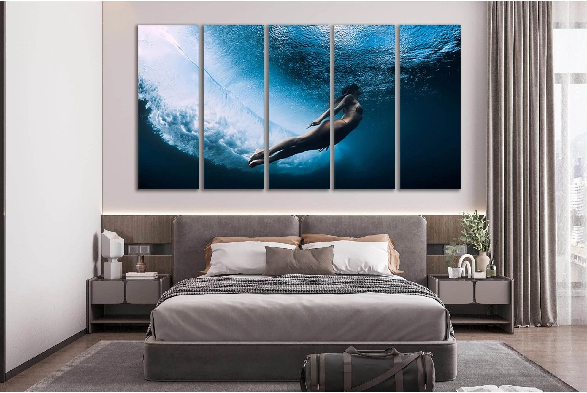 Blue Underwater Diver Woman Wall Art Canvas Print showing blue ocean wall art with water and coastal depth.