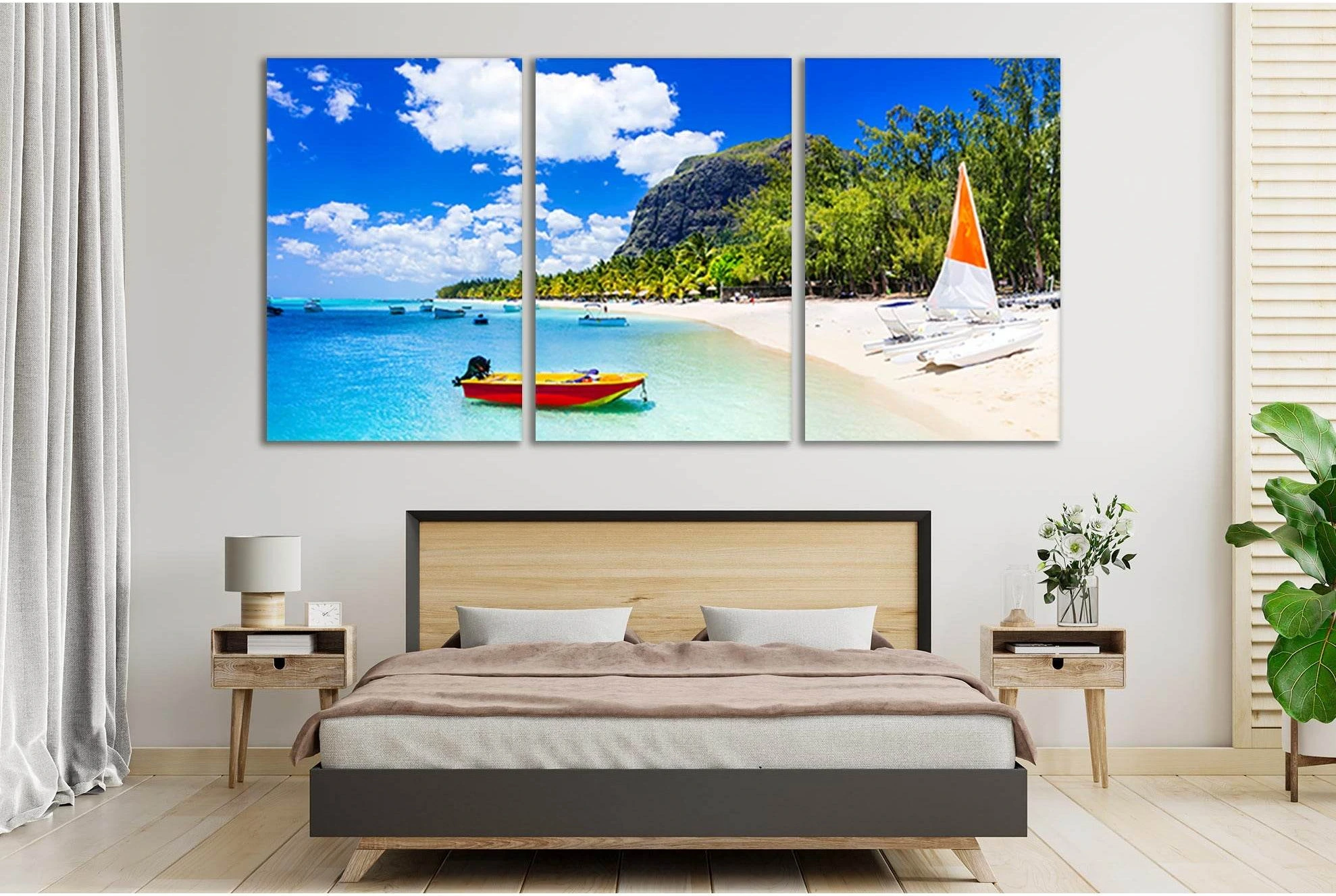 Island Mauritius Coastal Triptych Canvas Print With Sailboat selected as muted sand and soft water for beach canvas wall art.