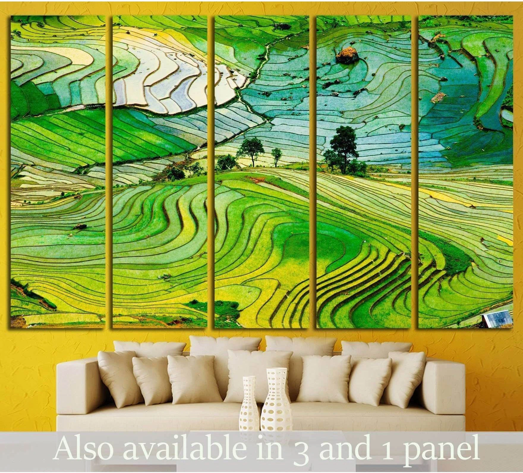Vietnam rice terraces canvas print in vivid green layers above a sofa in a modern living room