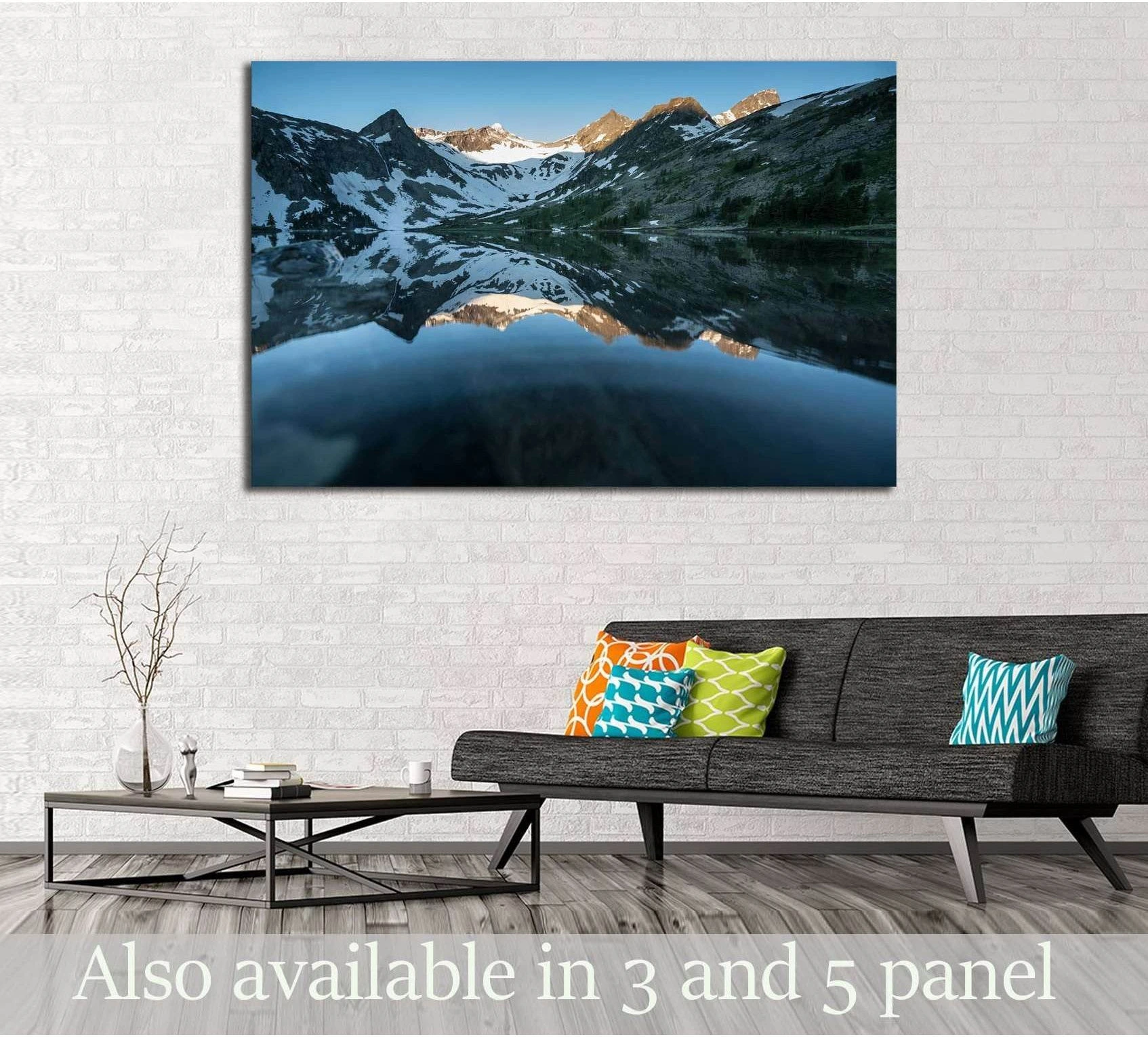 Altai mountains lake reflection canvas print hung above a sofa in a modern living room