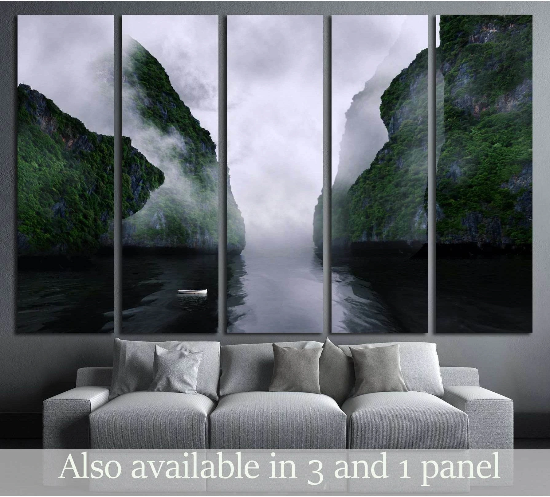 Foggy fjord valley canvas print with green cliffs and drifting mist above a sofa