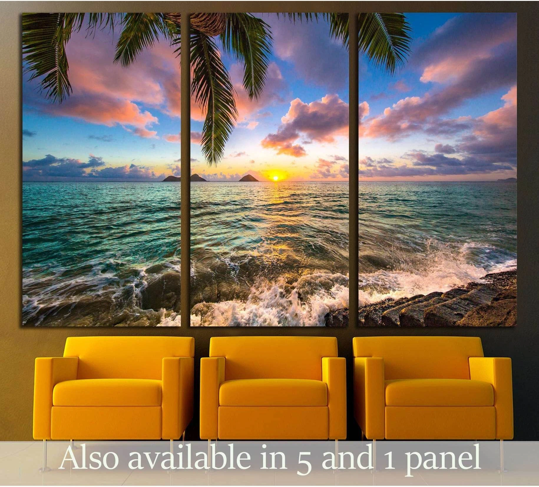 Lanikai sunrise triptych canvas print with palm trees over turquoise ocean above yellow chairs