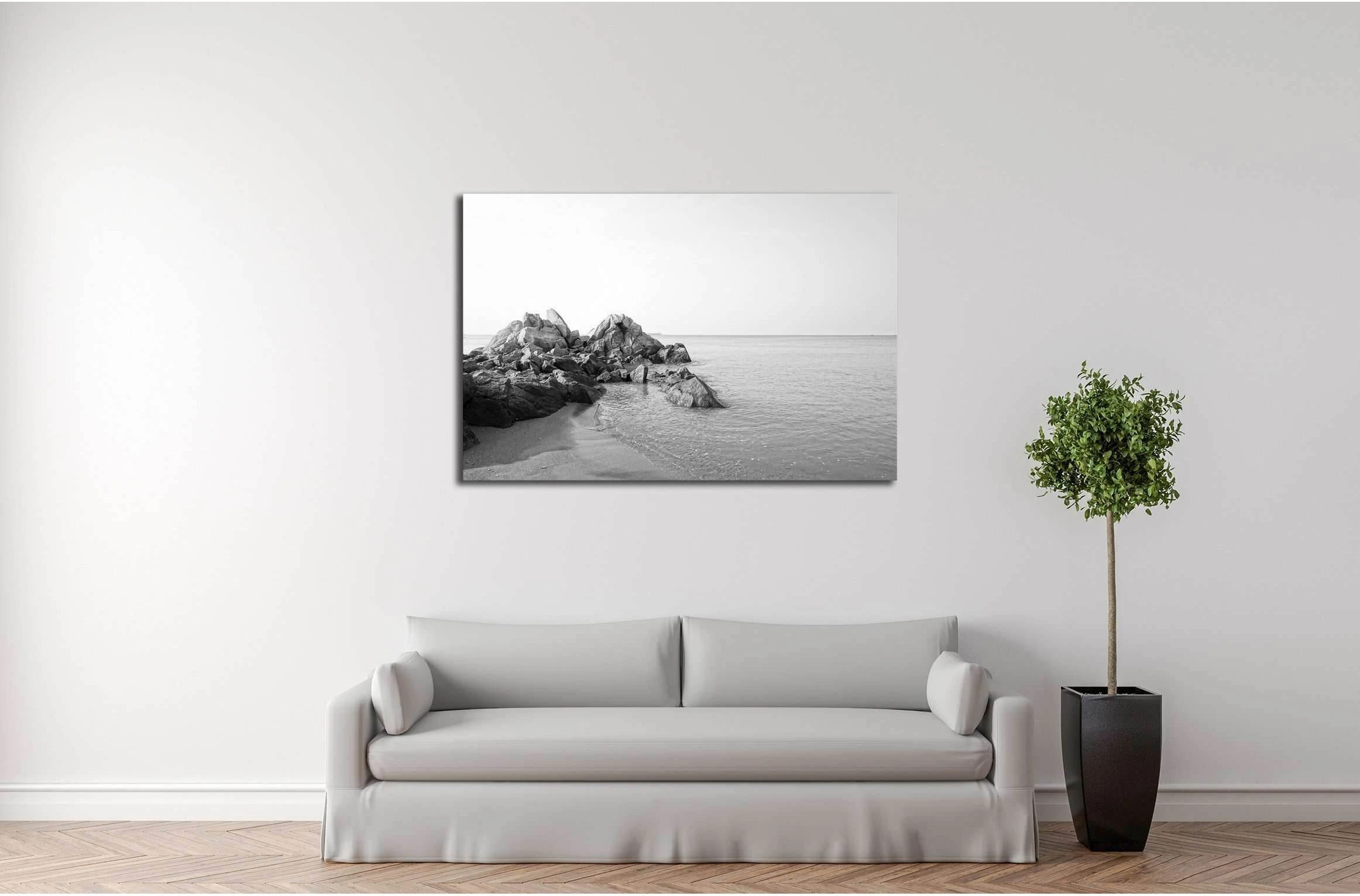 Beautiful long exposure shot of seascape with unique rock seaside in black and white №3146 Ready to Hang Canvas Print - Zellart Canvas Prints ALL_Products, s-3146