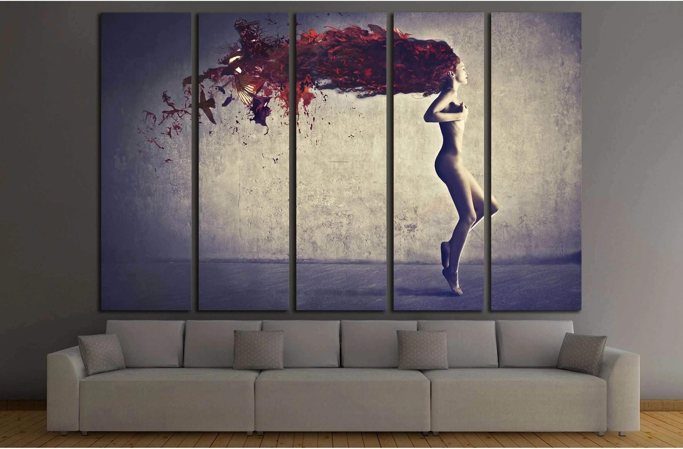 Beautiful naked young woman with her hair transforming in bird feathers №2772 Ready to Hang Canvas Print - Zellart Canvas Prints 000Negative, ALL_Products, autopostr_pinterest_64952, s-2772