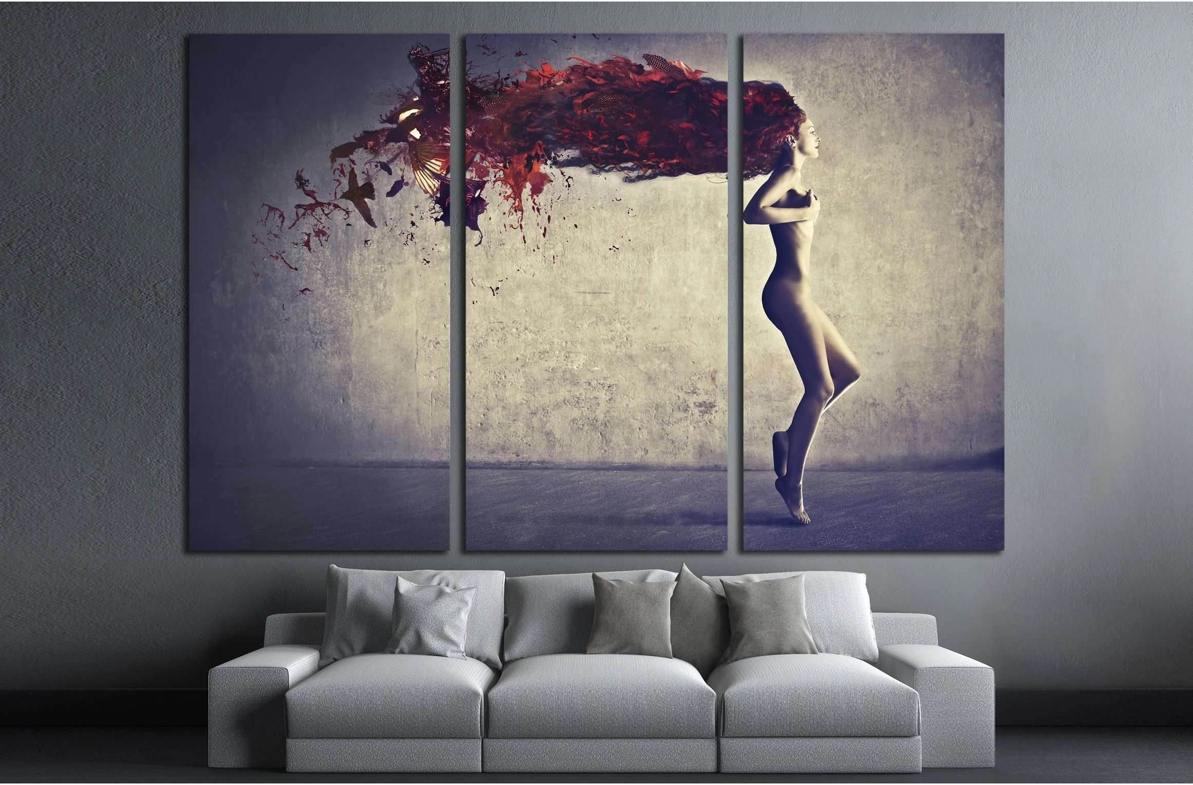 Beautiful naked young woman with her hair transforming in bird feathers №2772 Ready to Hang Canvas Print - Zellart Canvas Prints 000Negative, ALL_Products, autopostr_pinterest_64952, s-2772