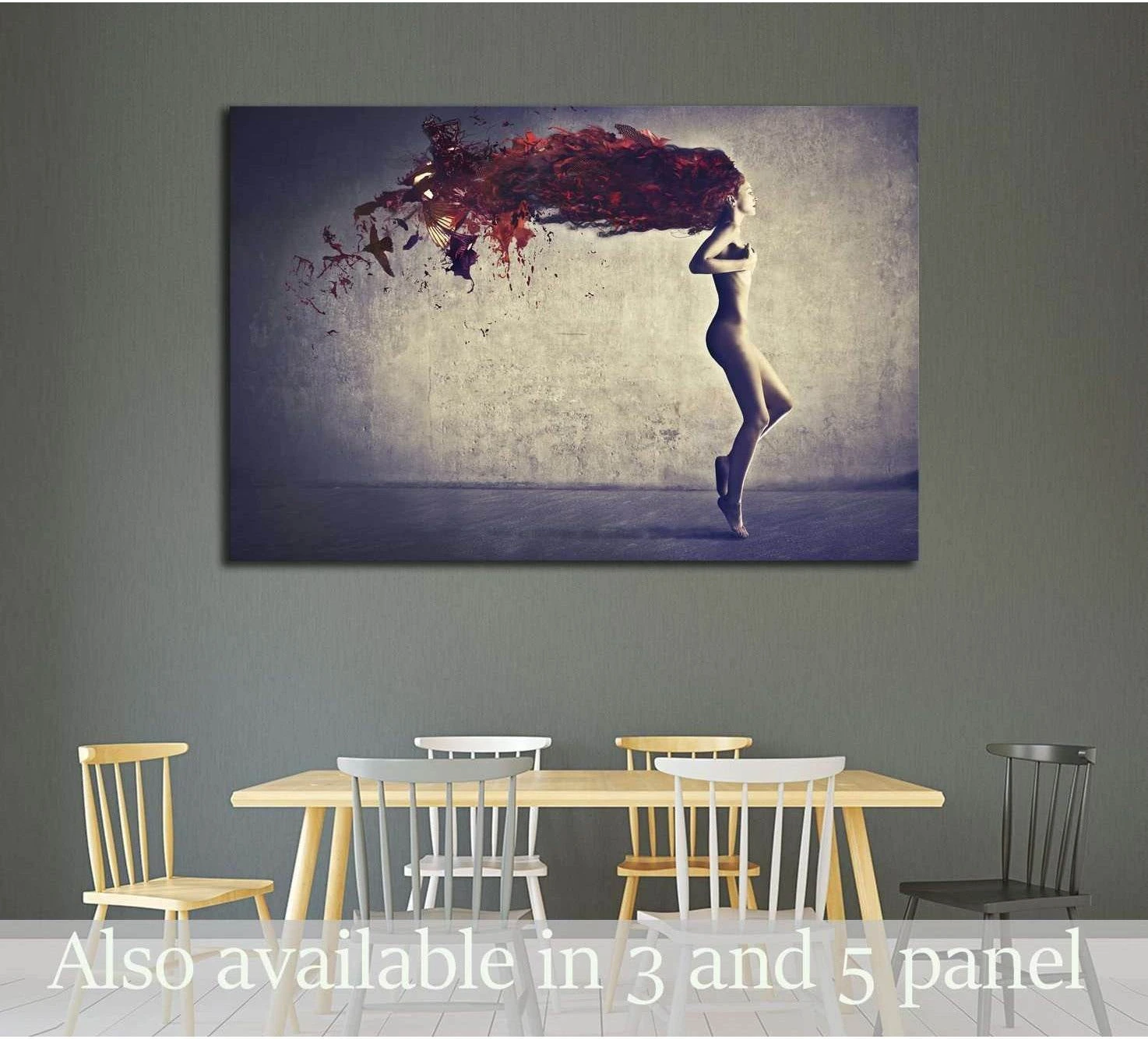 Surreal nude woman canvas print with red hair turning into birds, displayed above a dining table
